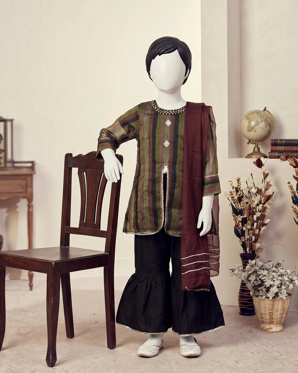 Kids Olive & Maroon Striped Flapper Suit - view 1