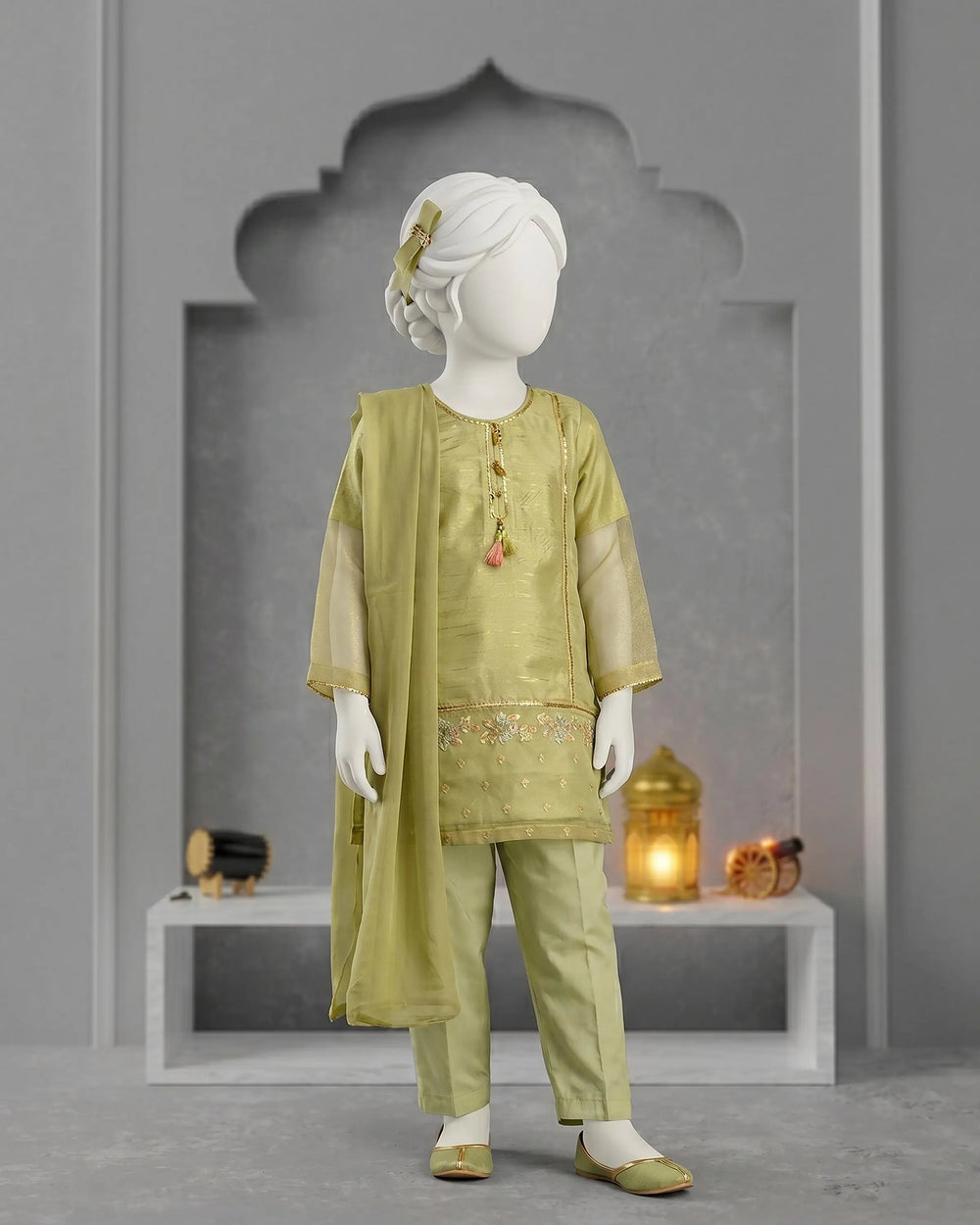 Kids Sage Green Embroidered 3-Piece Kurti Suit - view 1