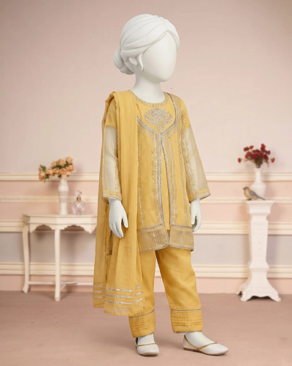 Kids Soft Yellow Open Shirt Embroidered Suit - view 1