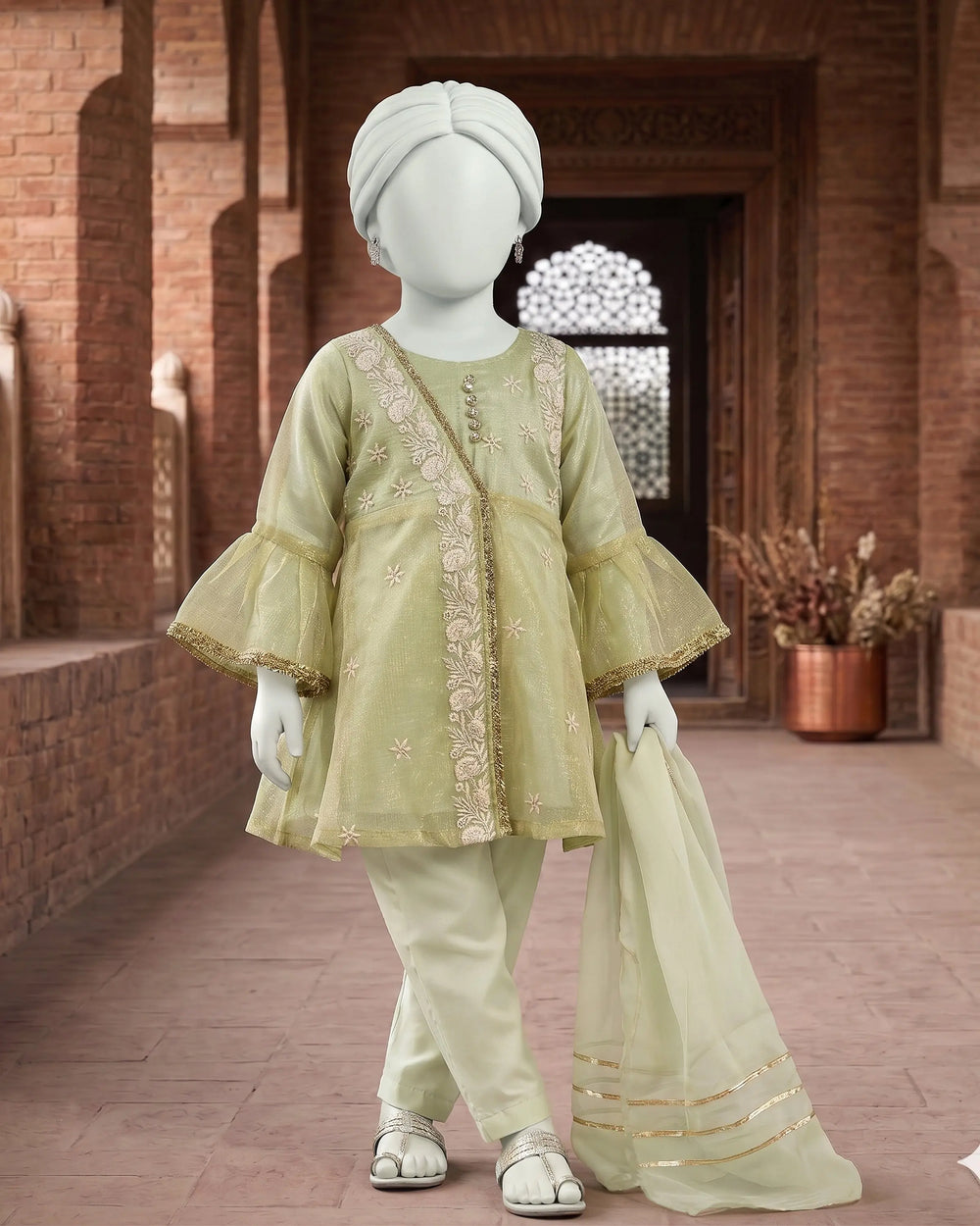 Kids Mint Green Embroidered Angrakha Suit - view 1