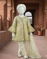 Kids Mint Green Embroidered Angrakha Suit - view 1
