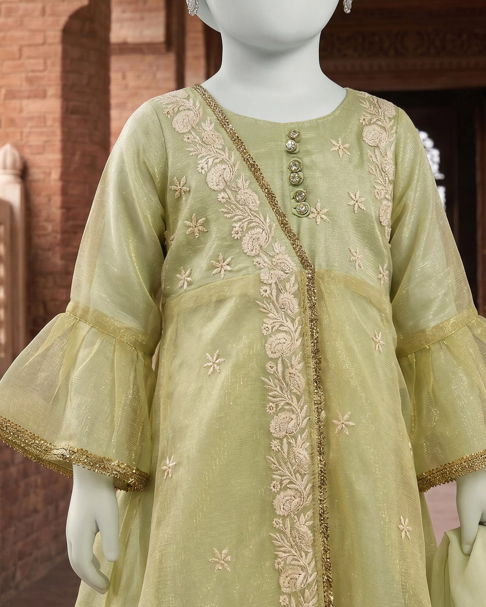 Kids Mint Green Embroidered Angrakha Suit - view 2