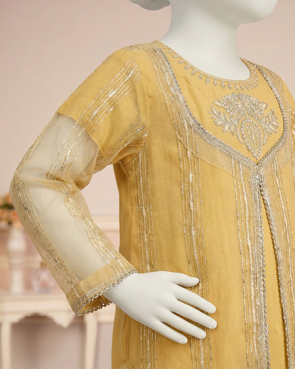 Kids Soft Yellow Open Shirt Embroidered Suit - view 2