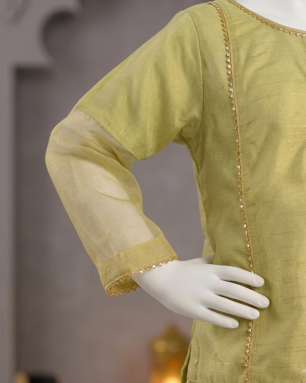 Kids Sage Green Embroidered 3-Piece Kurti Suit - view 3