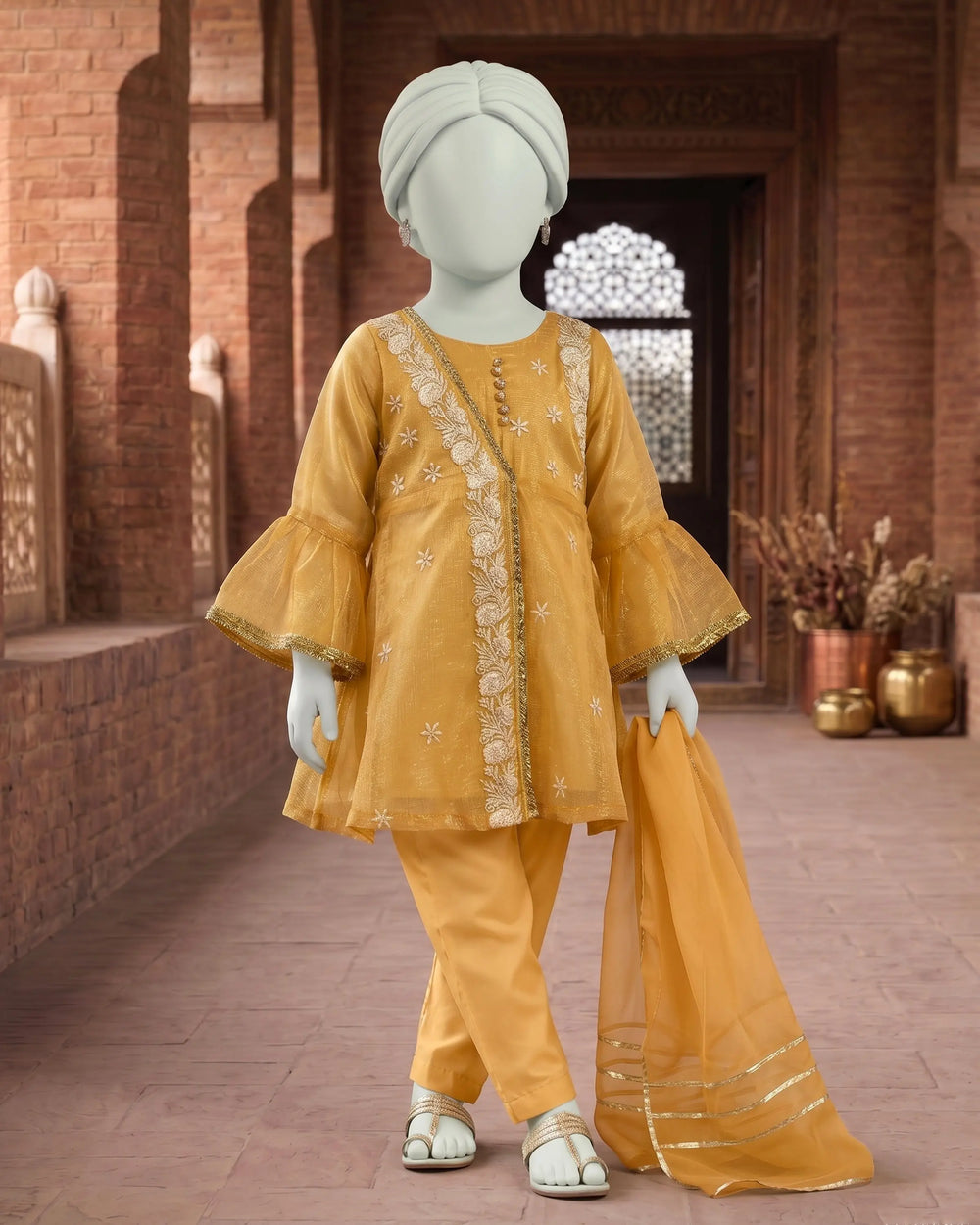 Kids Mustard Yellow Embroidered Angrakha Suit - view 1
