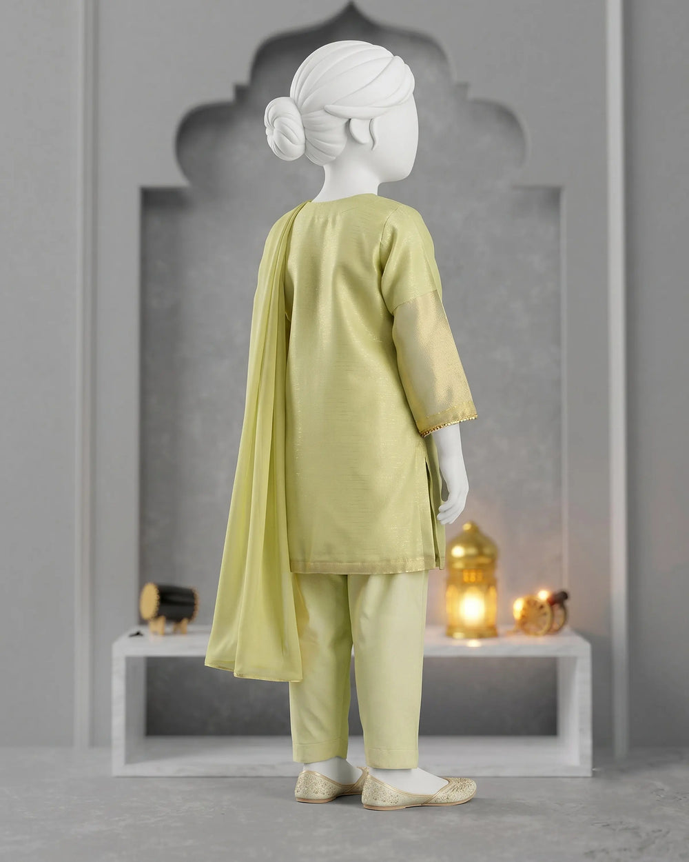 Kids Sage Green Embroidered 3-Piece Kurti Suit - view 4