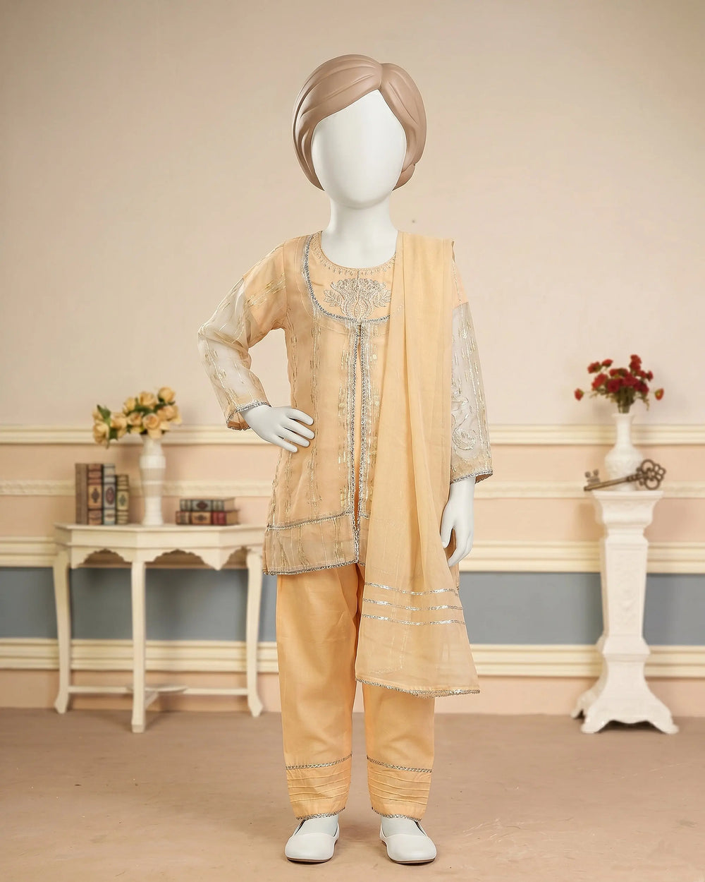 Kids Peach Open Shirt Embroidered Suit - view 1
