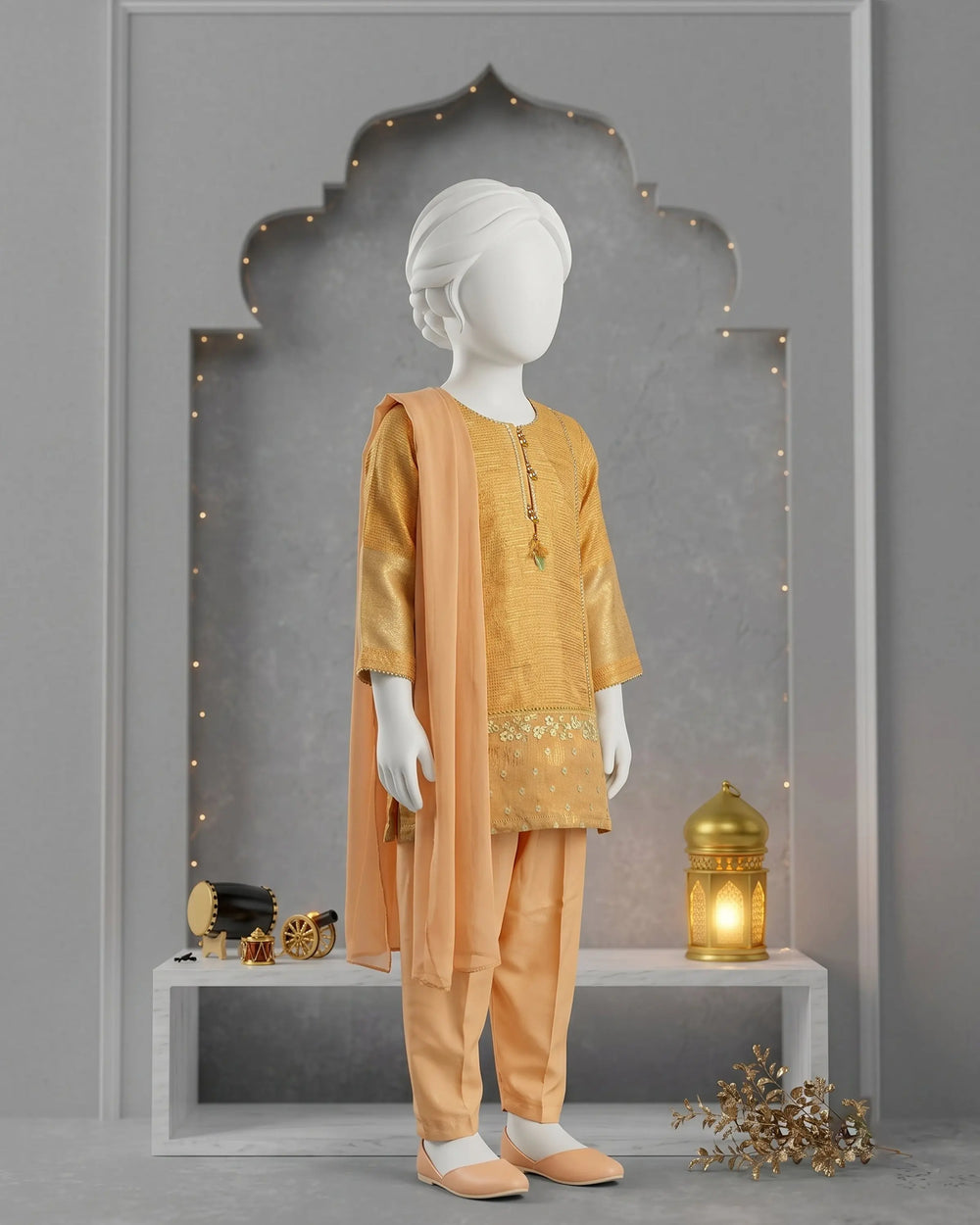 Kids Peach Embroidered 3-Piece Kurti Suit - view 1
