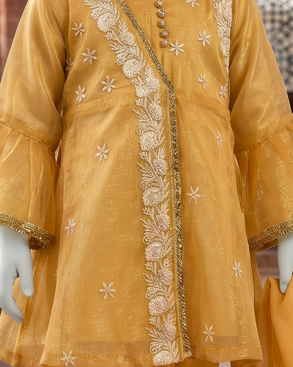 Kids Mustard Yellow Embroidered Angrakha Suit - view 2