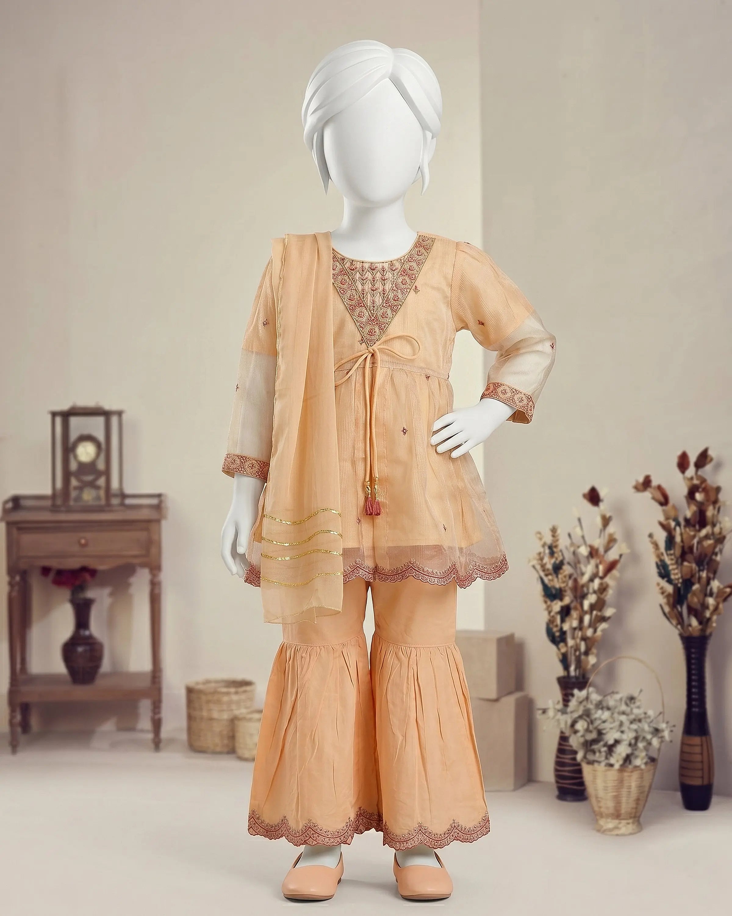 Kids Peach Embroidered Gharara Suit - view 1