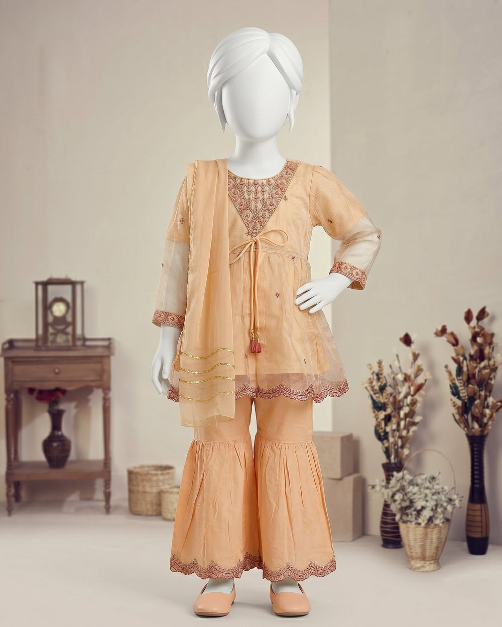 Kids Peach Embroidered Gharara Suit - view 1