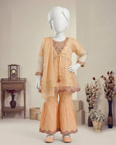 Kids Peach Embroidered Gharara Suit - view 1