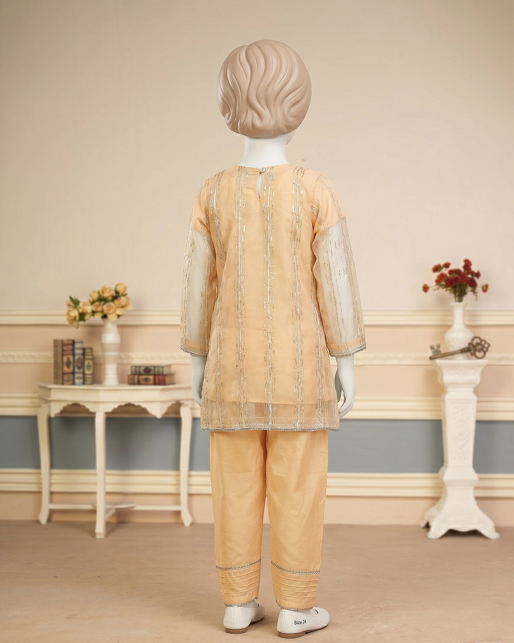 Kids Peach Open Shirt Embroidered Suit - view 3