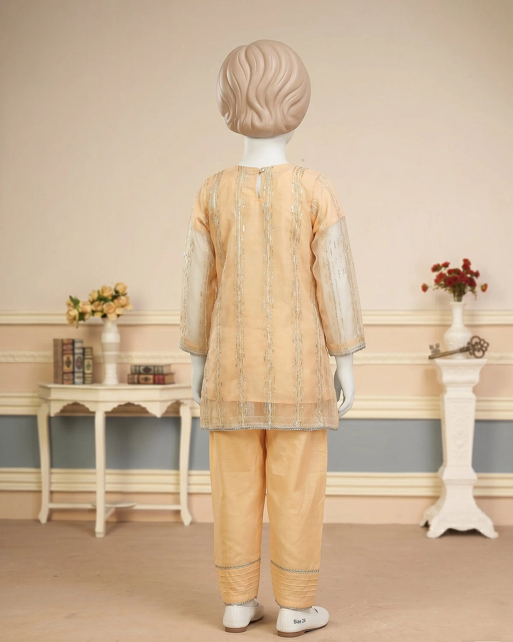 Kids Peach Open Shirt Embroidered Suit - view 3