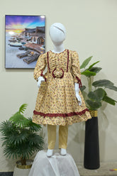 Beige Floral Printed Frock with 3D Flower Accent