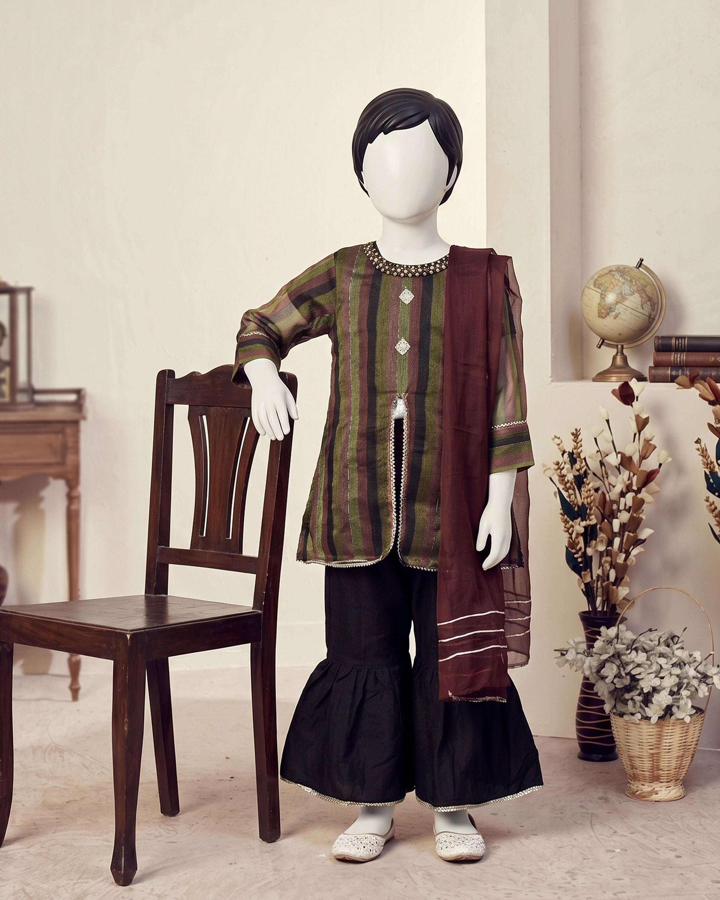 Kids Olive & Maroon Striped Flapper Suit - view 1