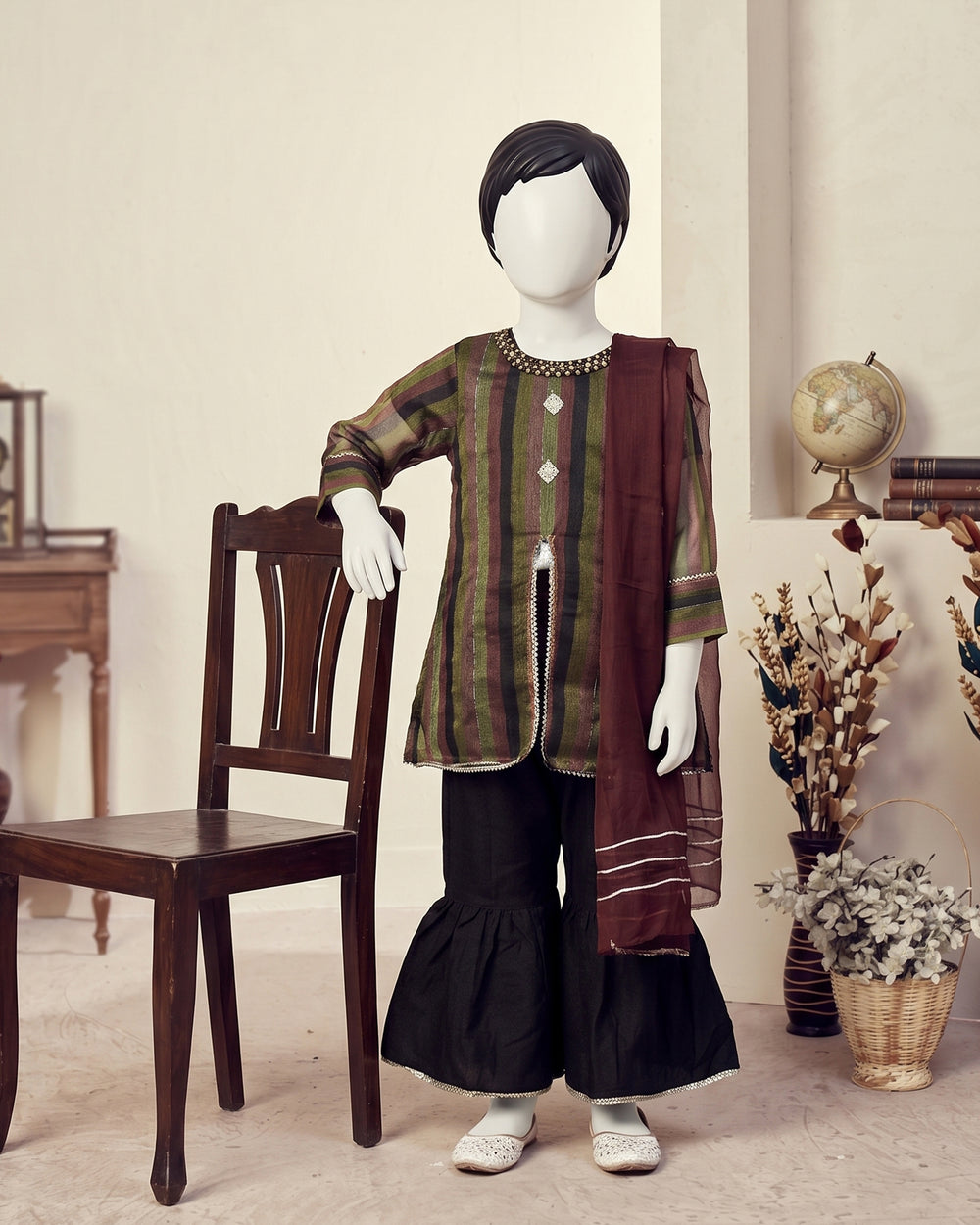 Kids Olive & Maroon Striped Flapper Suit - view 1