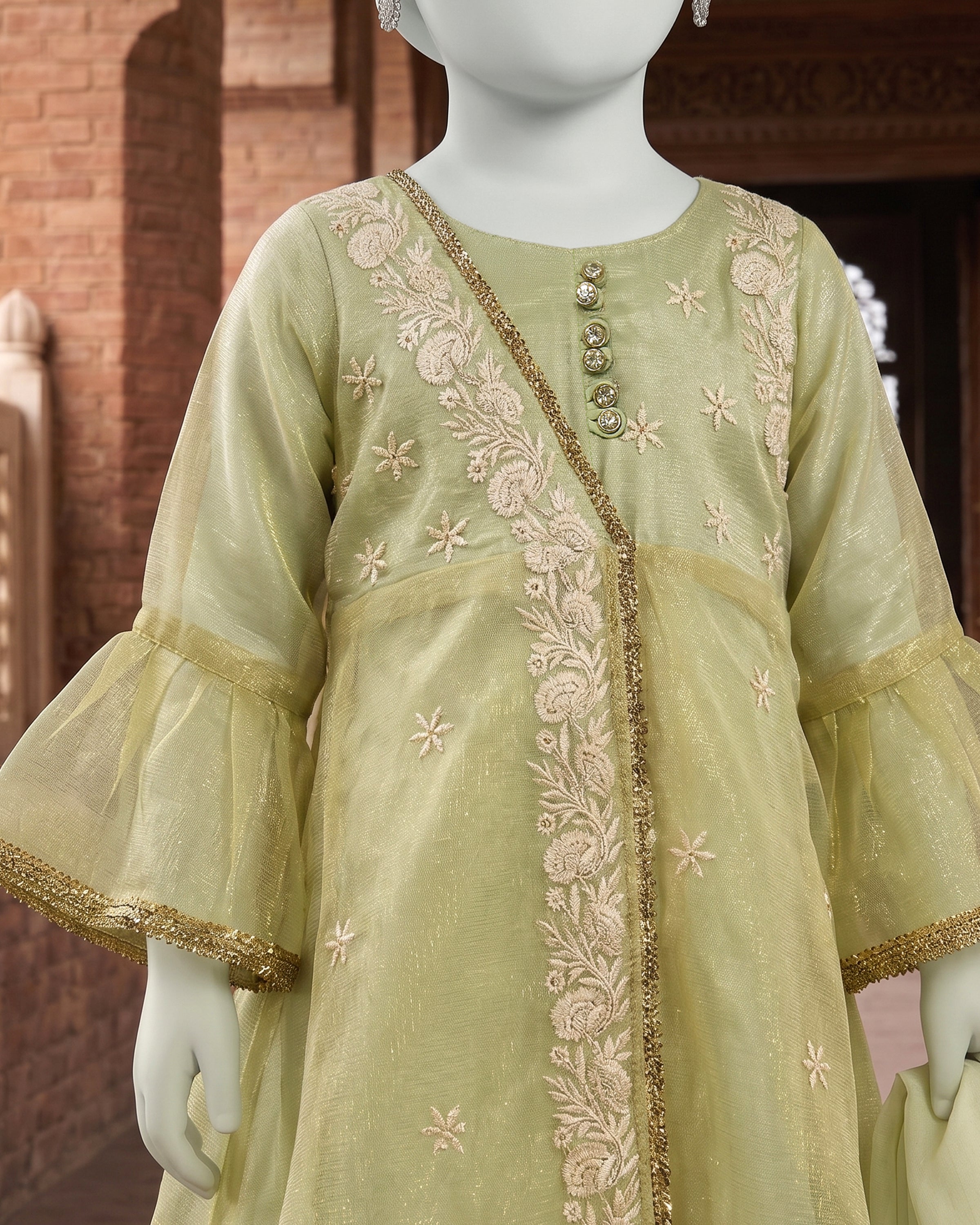 Kids Mint Green Embroidered Angrakha Suit - view 2