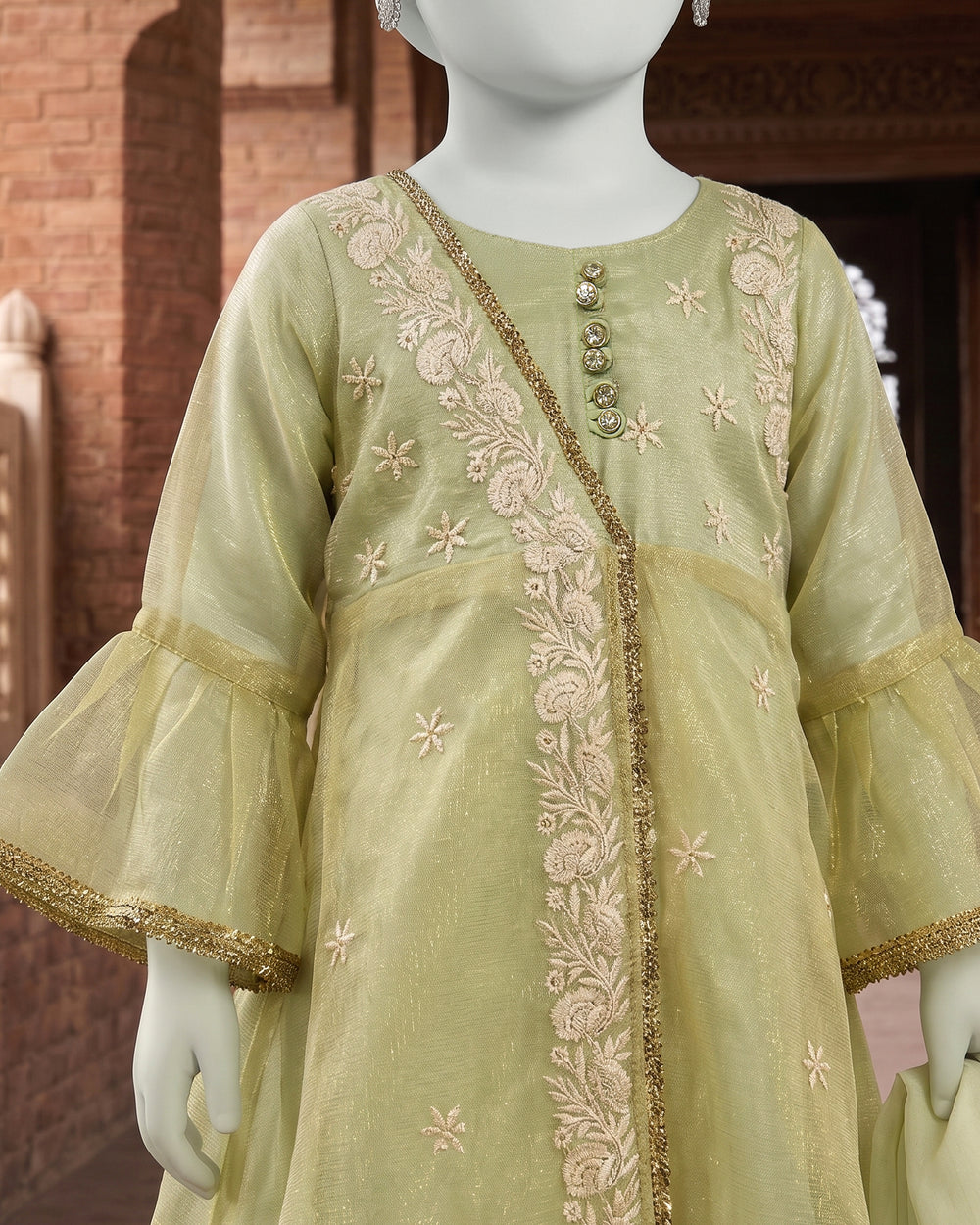 Kids Mint Green Embroidered Angrakha Suit - view 2