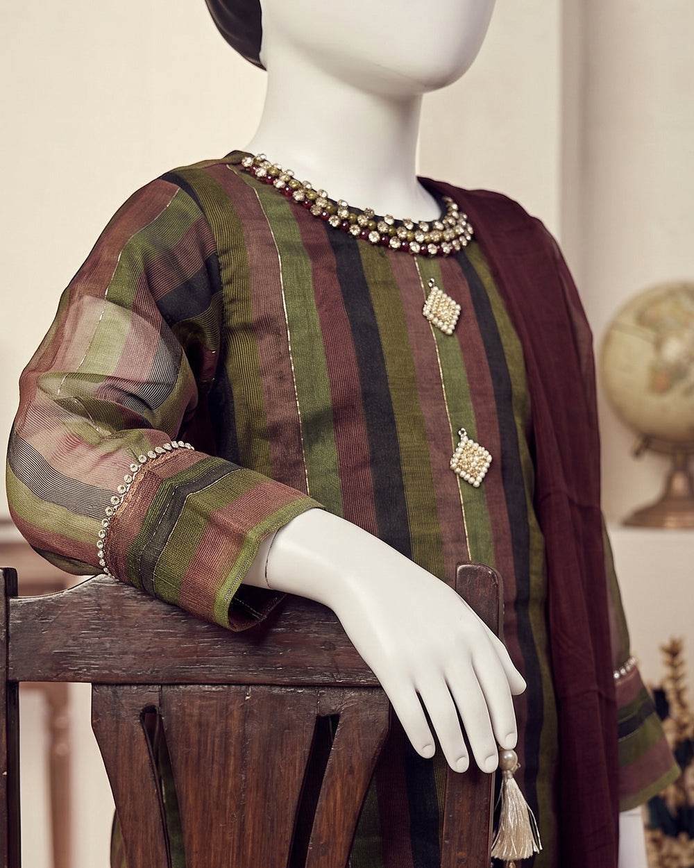 Kids Olive & Maroon Striped Flapper Suit - view 2