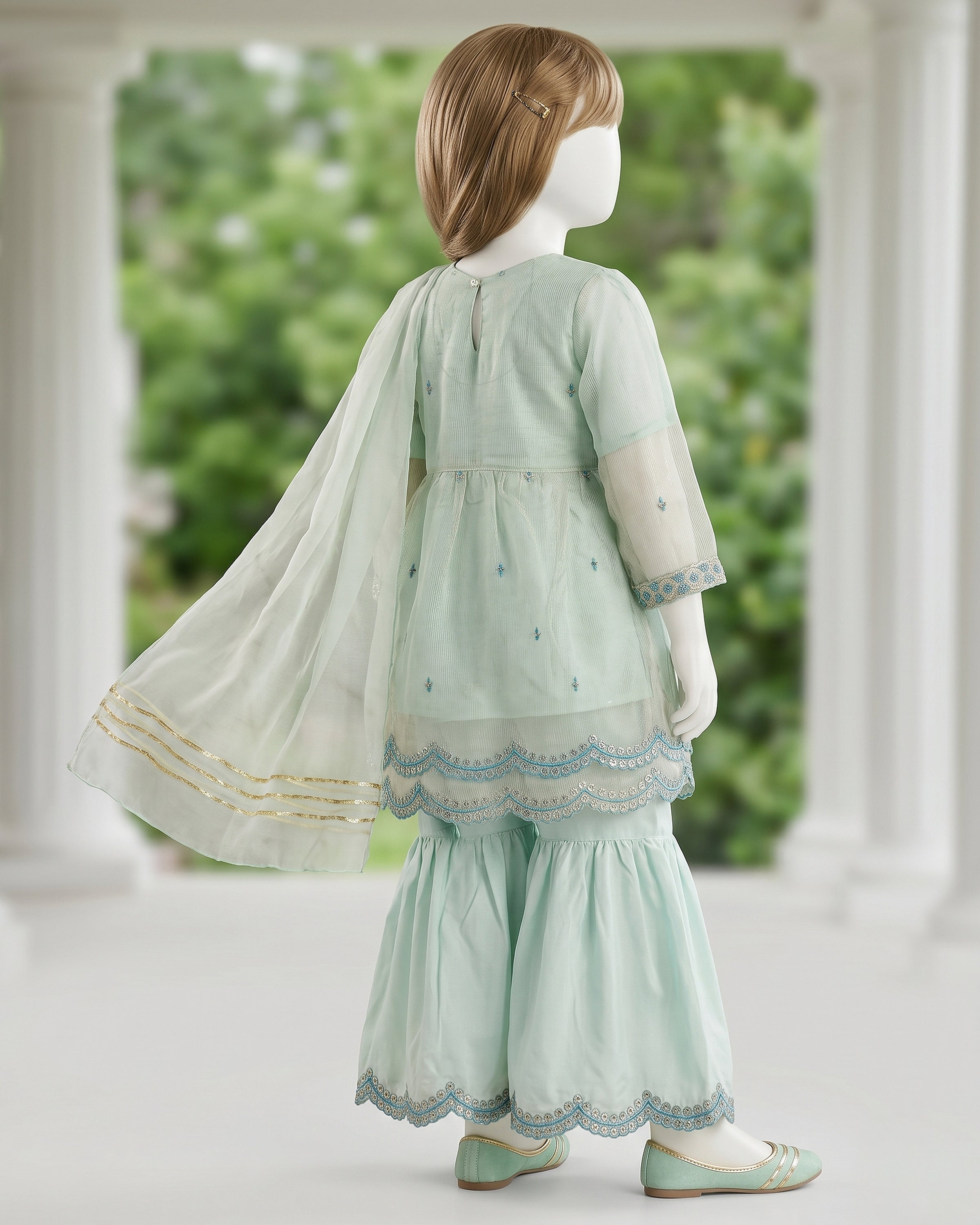 Kids Mint Green Embroidered Gharara Suit - view 3