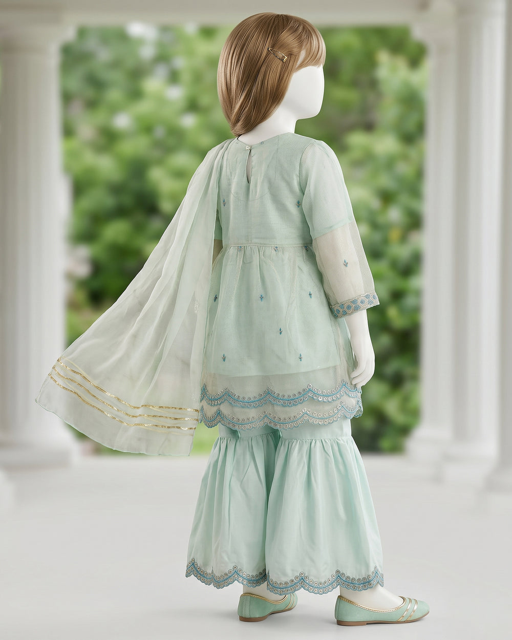 Kids Mint Green Embroidered Gharara Suit - view 3