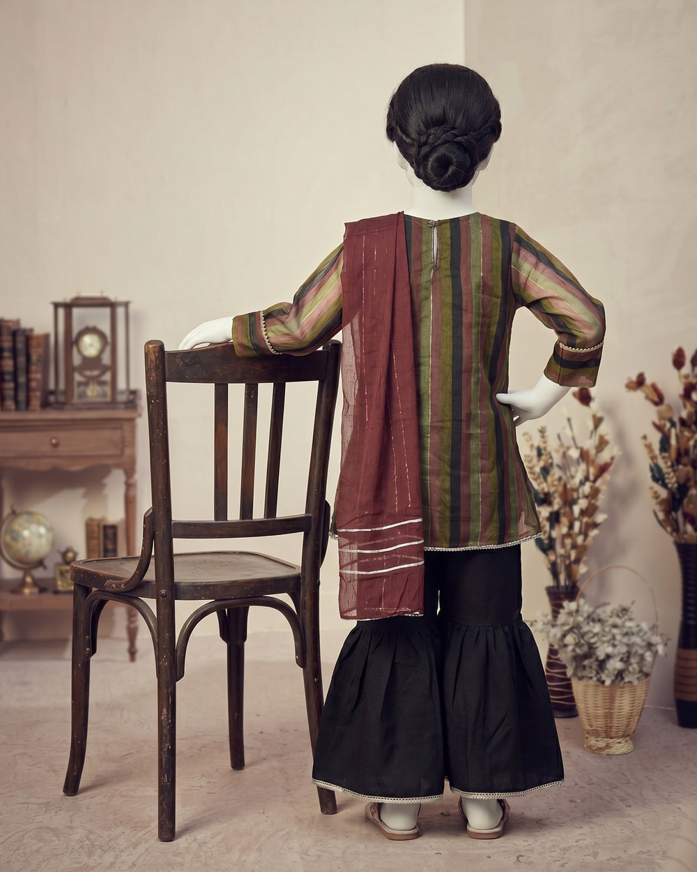 Kids Olive & Maroon Striped Flapper Suit - view 3