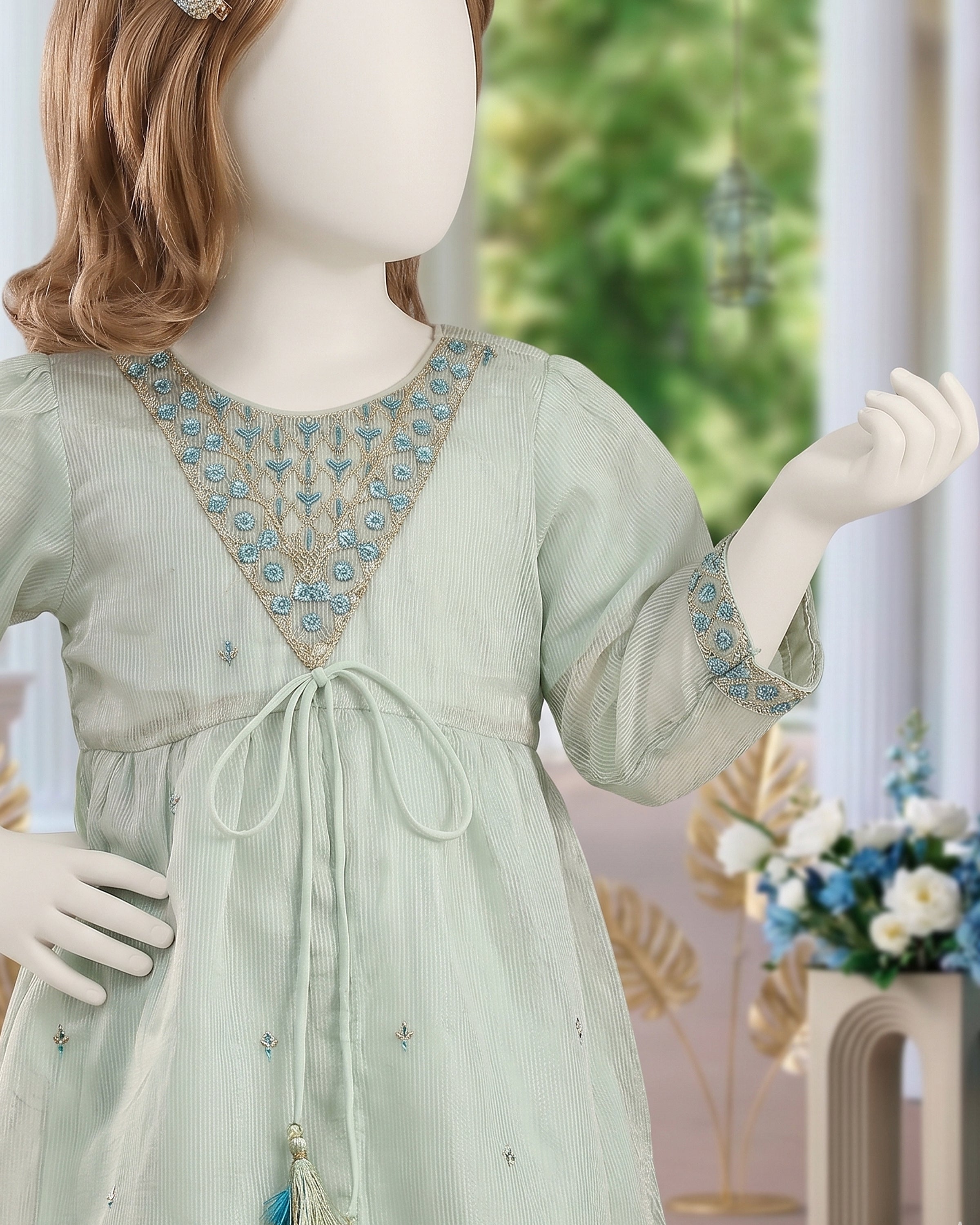Kids Mint Green Embroidered Gharara Suit - view 2