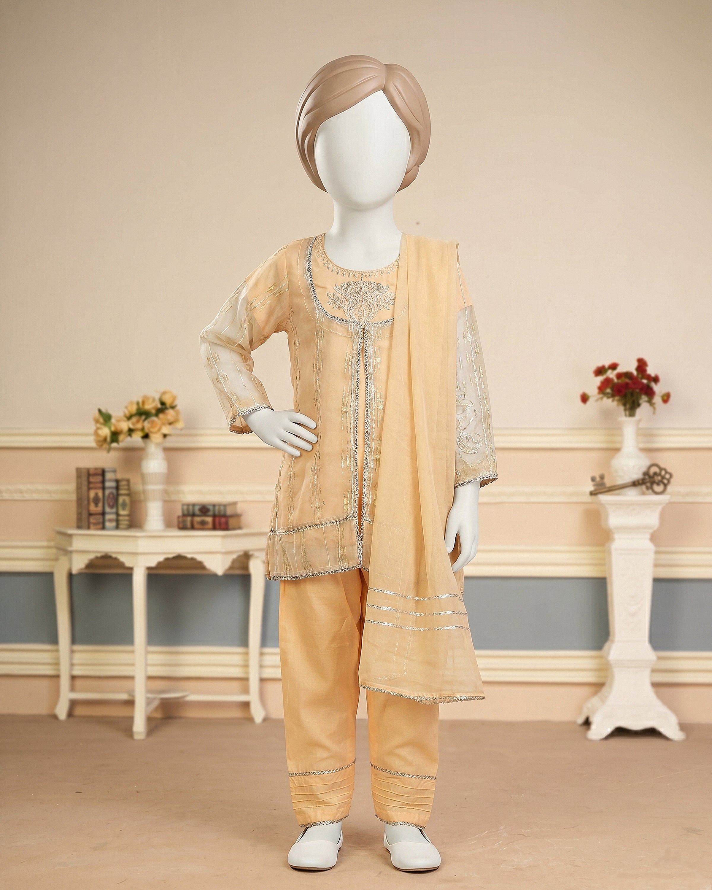 Kids Peach Open Shirt Embroidered Suit - view 1