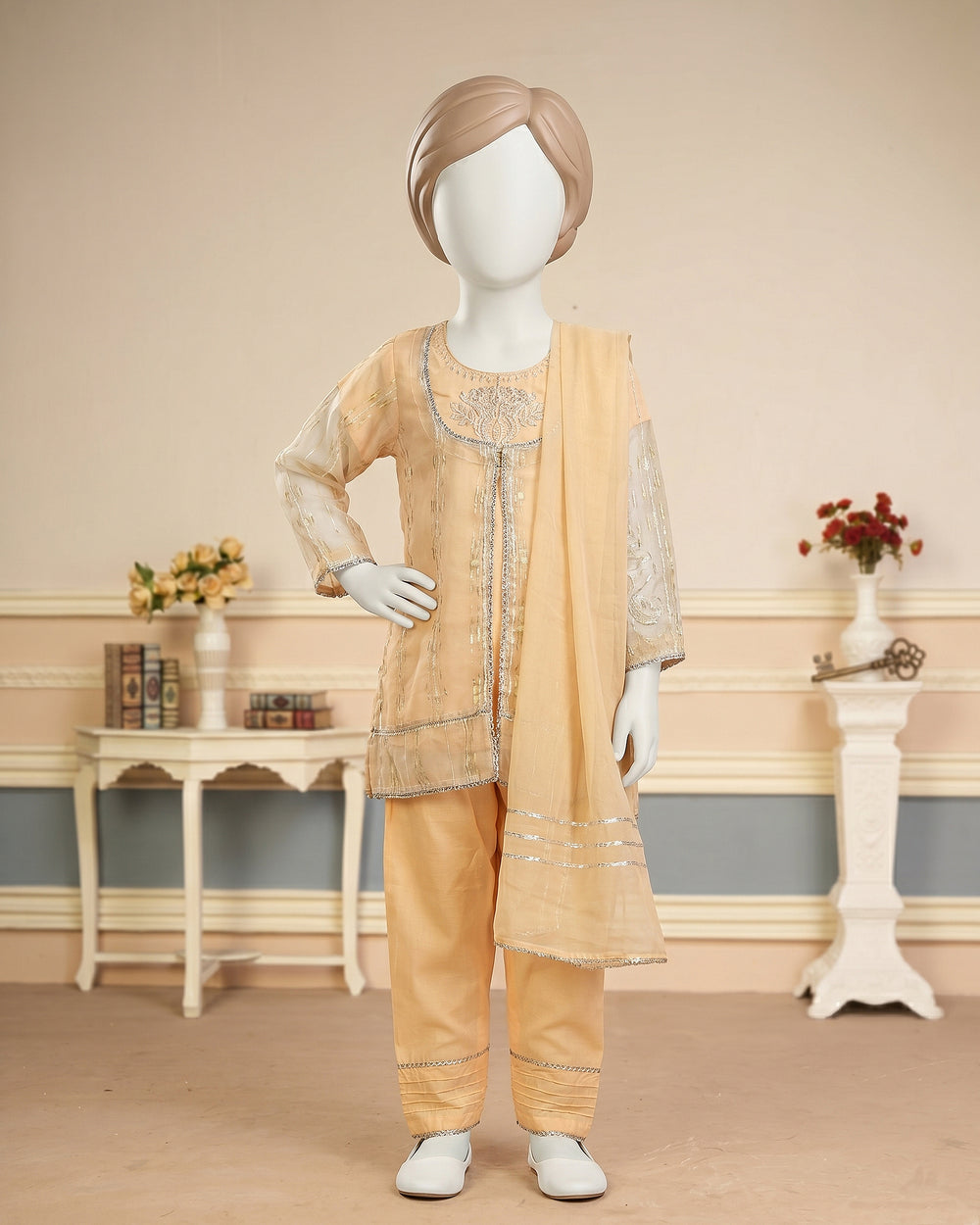 Kids Peach Open Shirt Embroidered Suit - view 1