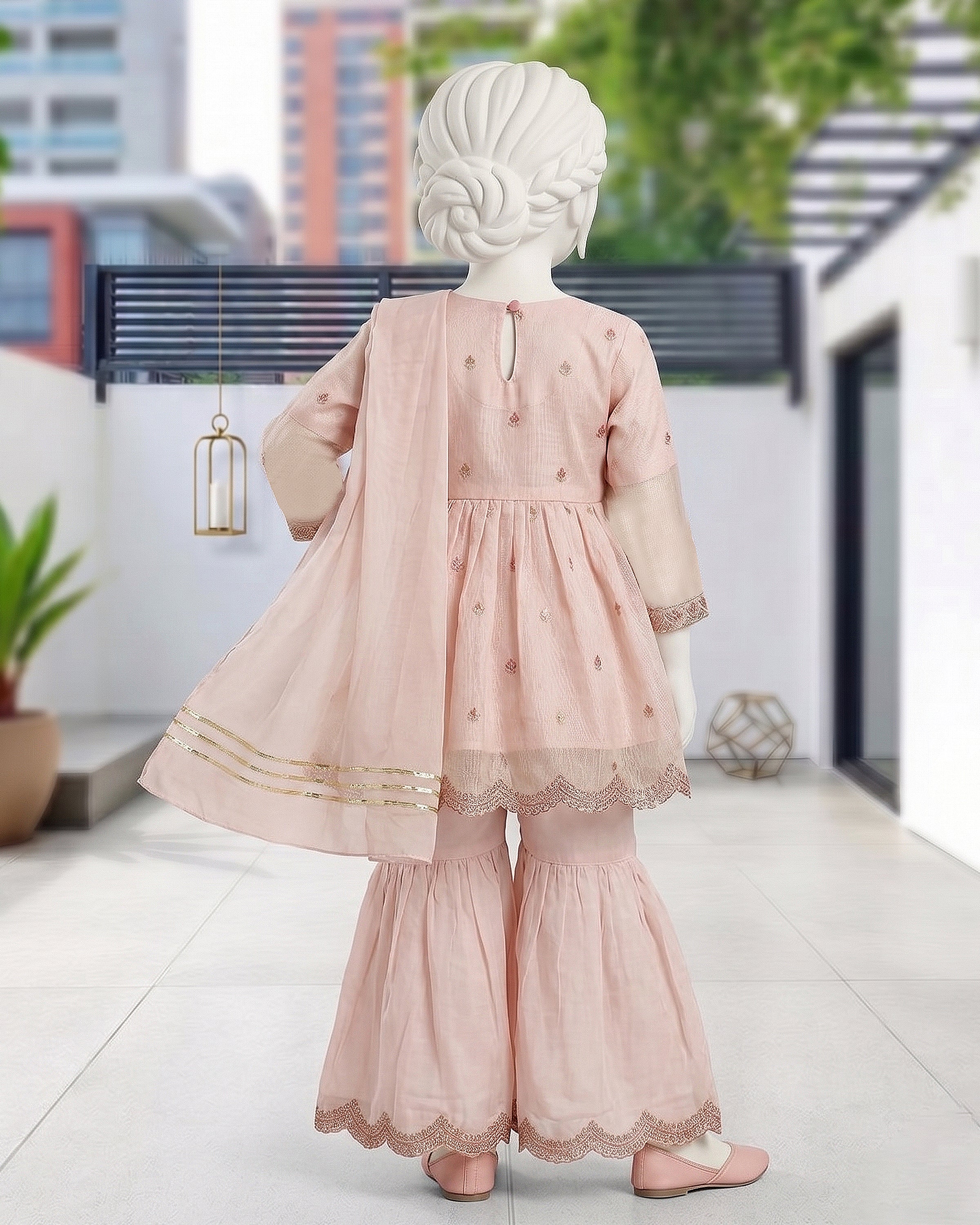 Kids Tea Pink Embroidered Gharara Suit - view 3