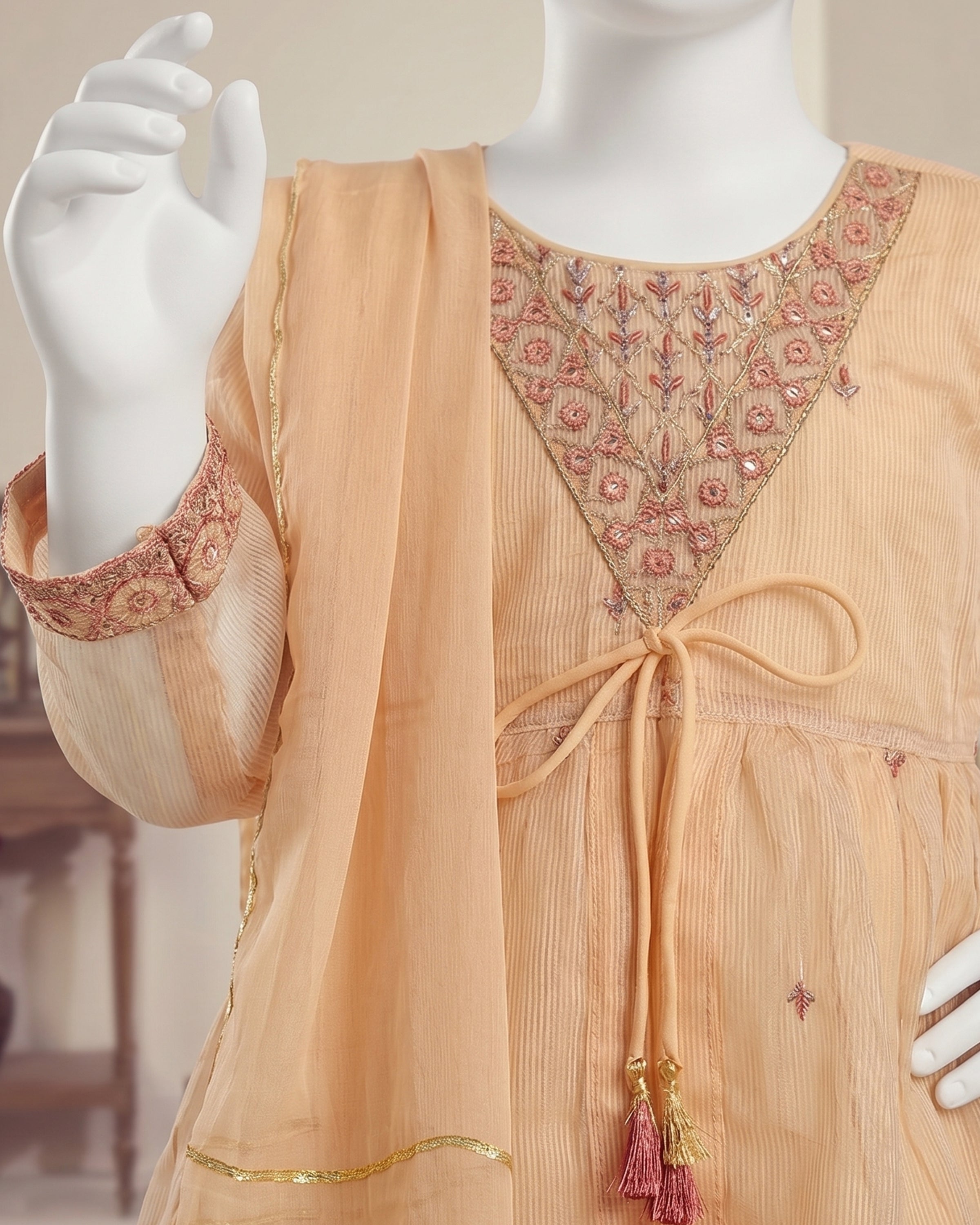 Kids Peach Embroidered Gharara Suit - view 2