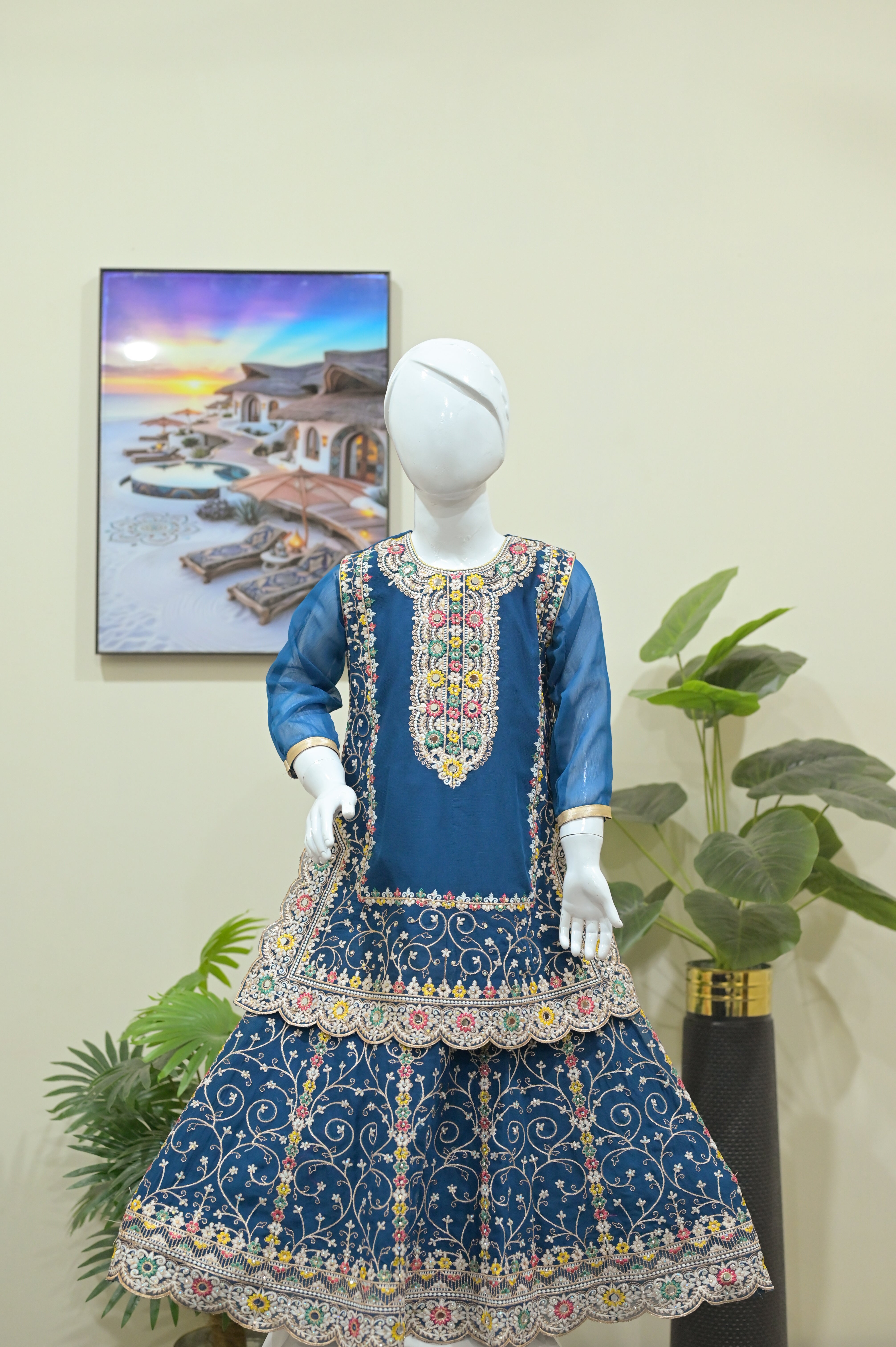 Royal Navy Blue Mirror Work Sharara Set for Little Girls