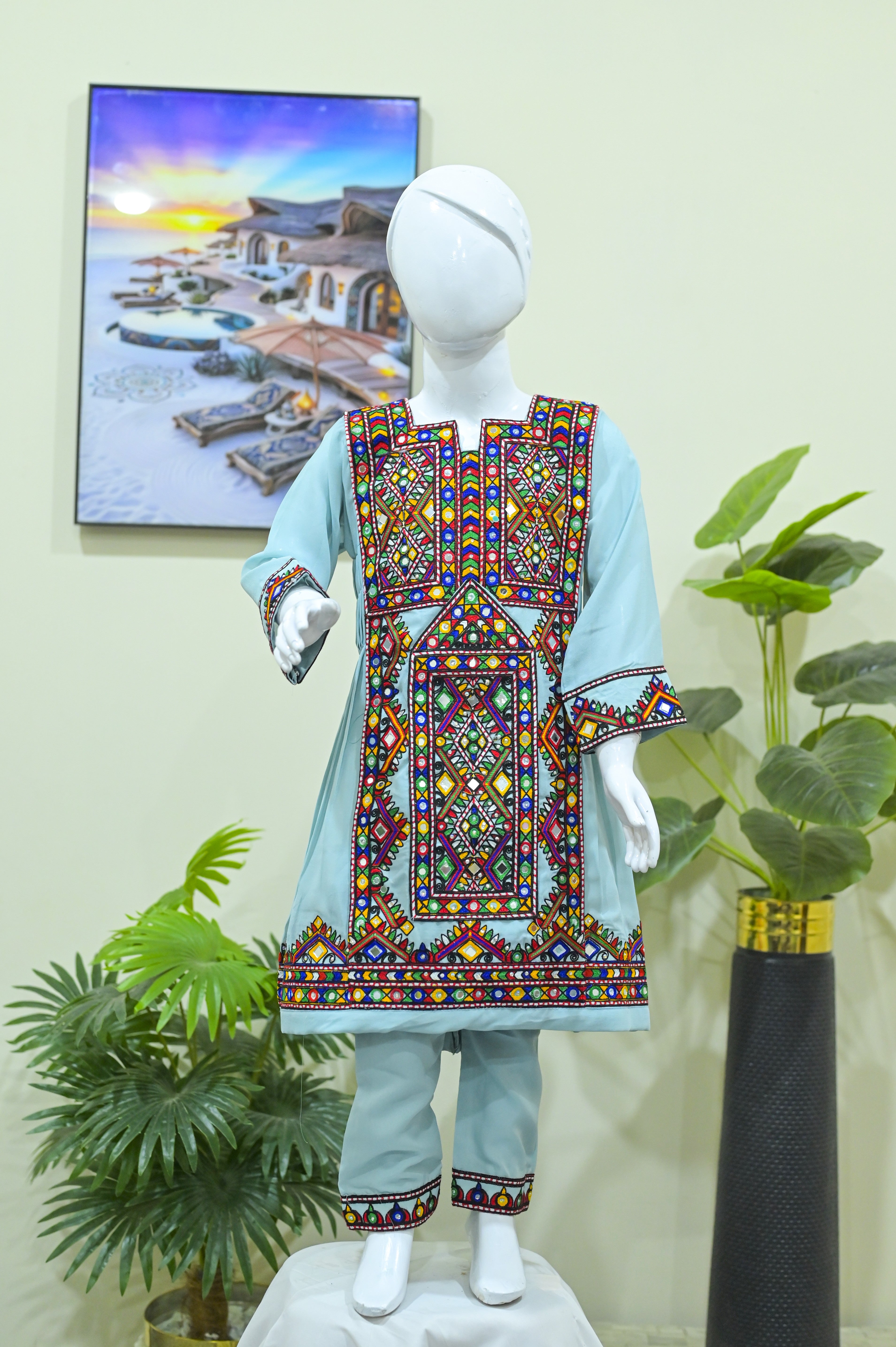 Kids 2-piece Embroidrerd Balochi Suit Olive Green