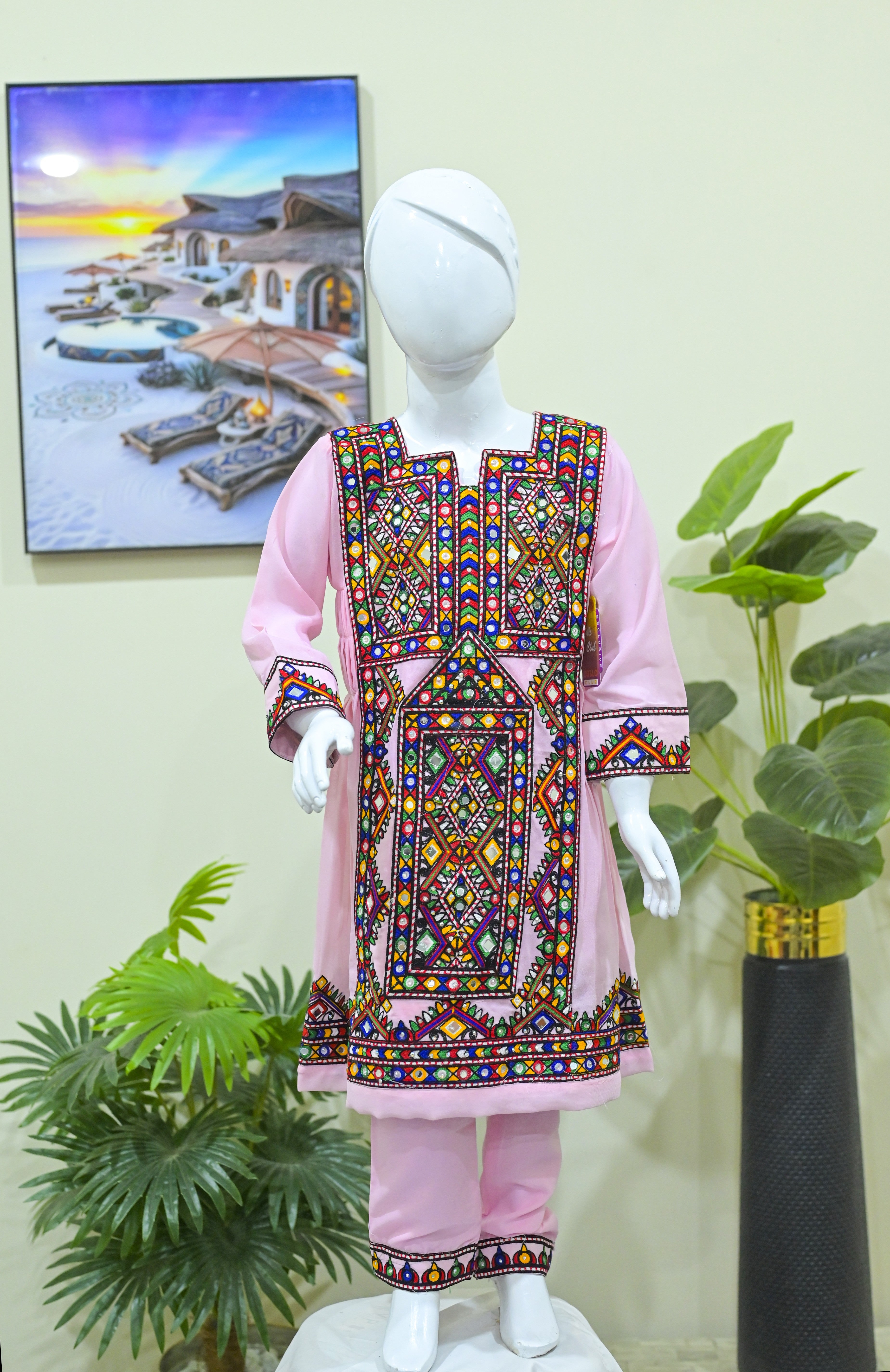 Kids 2-piece Embroidrerd Balochi Suit Olive Green