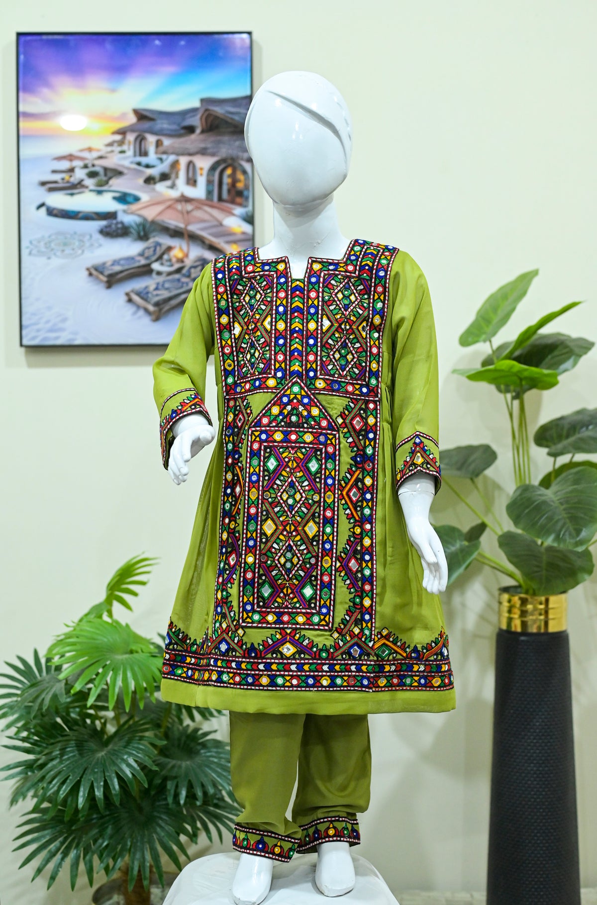 Kids 2-piece Embroidrerd Balochi Suit Olive Green