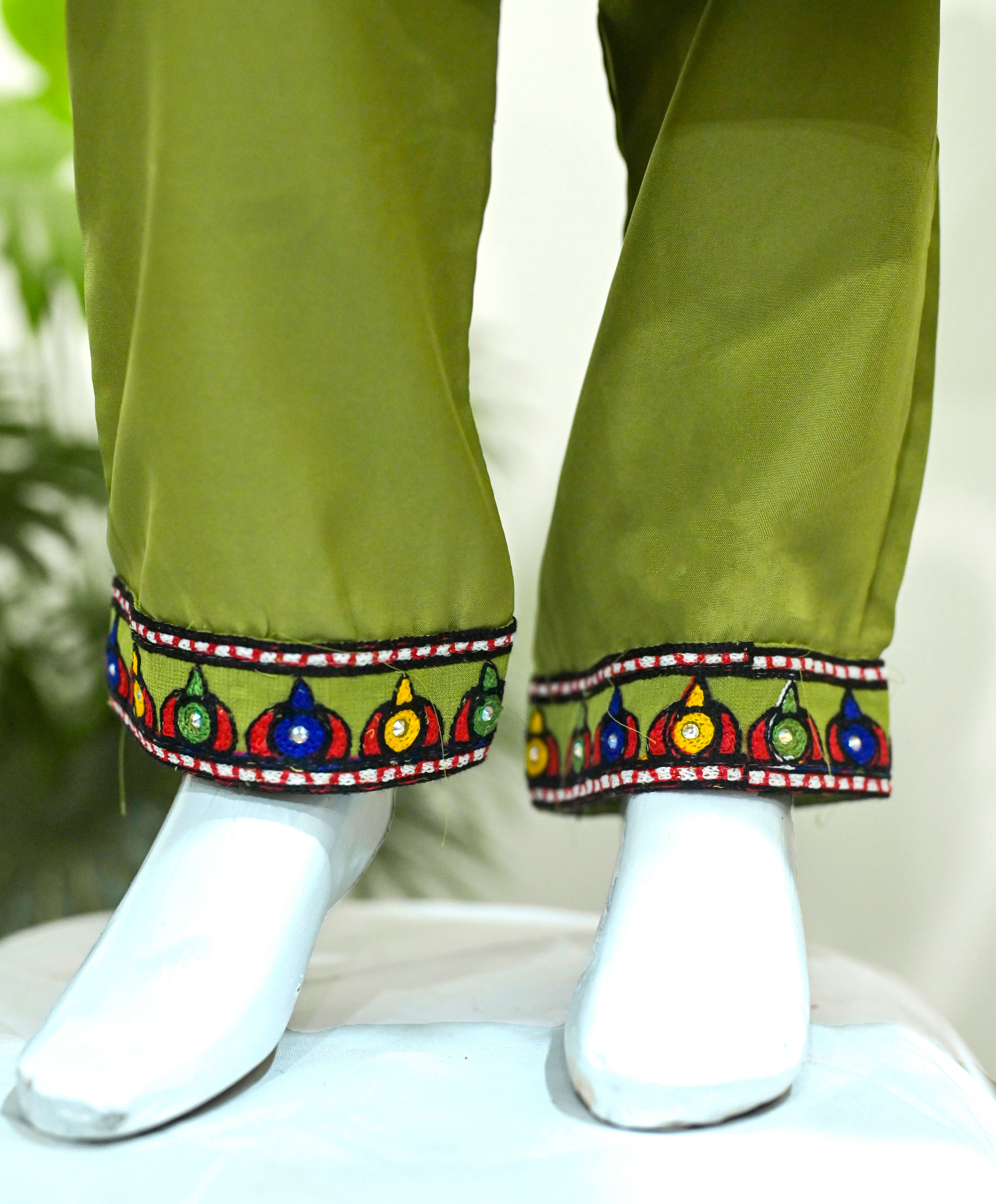 Kids 2-piece Embroidrerd Balochi Suit Olive Green