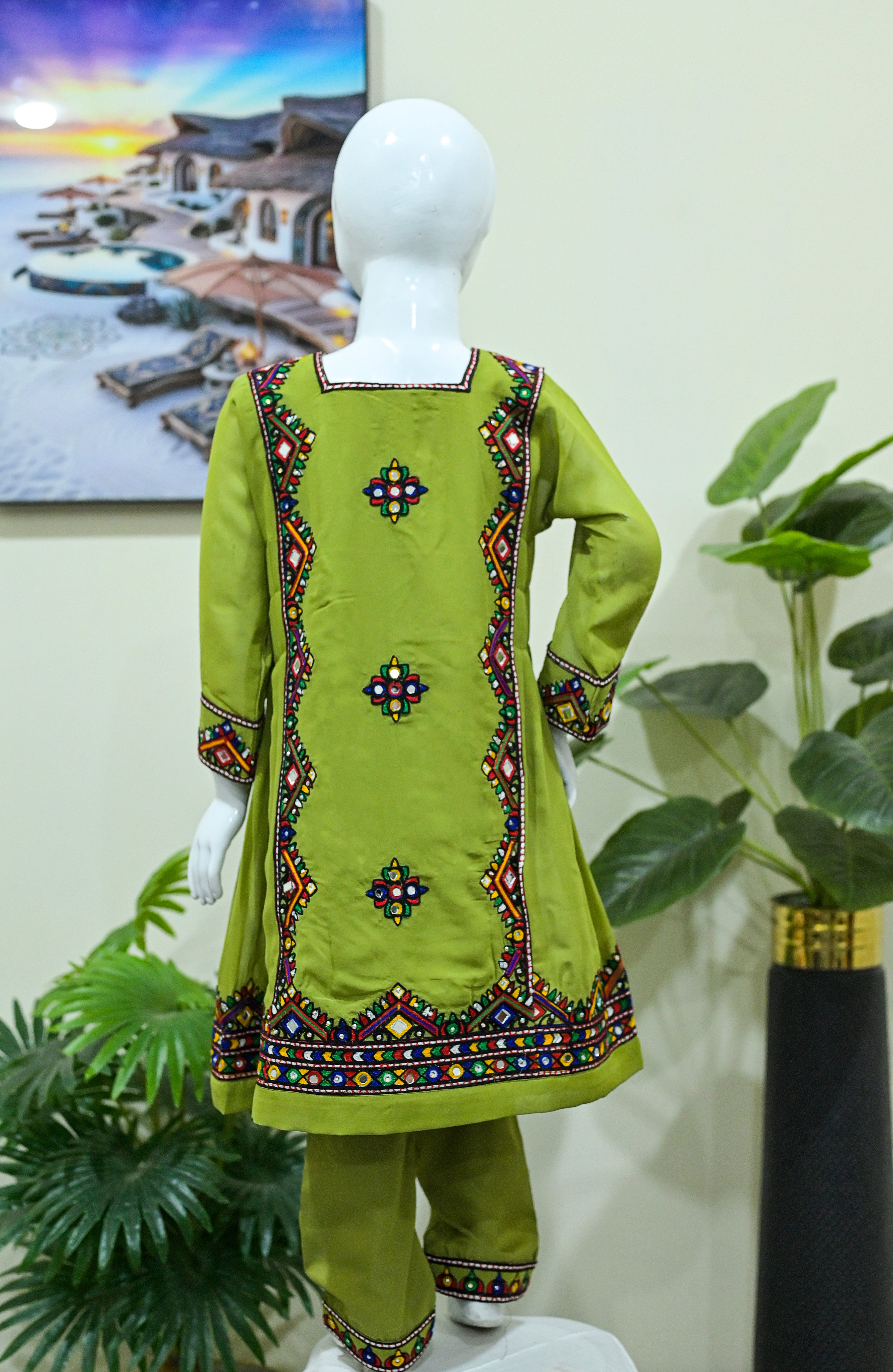 Kids 2-piece Embroidrerd Balochi Suit Olive Green