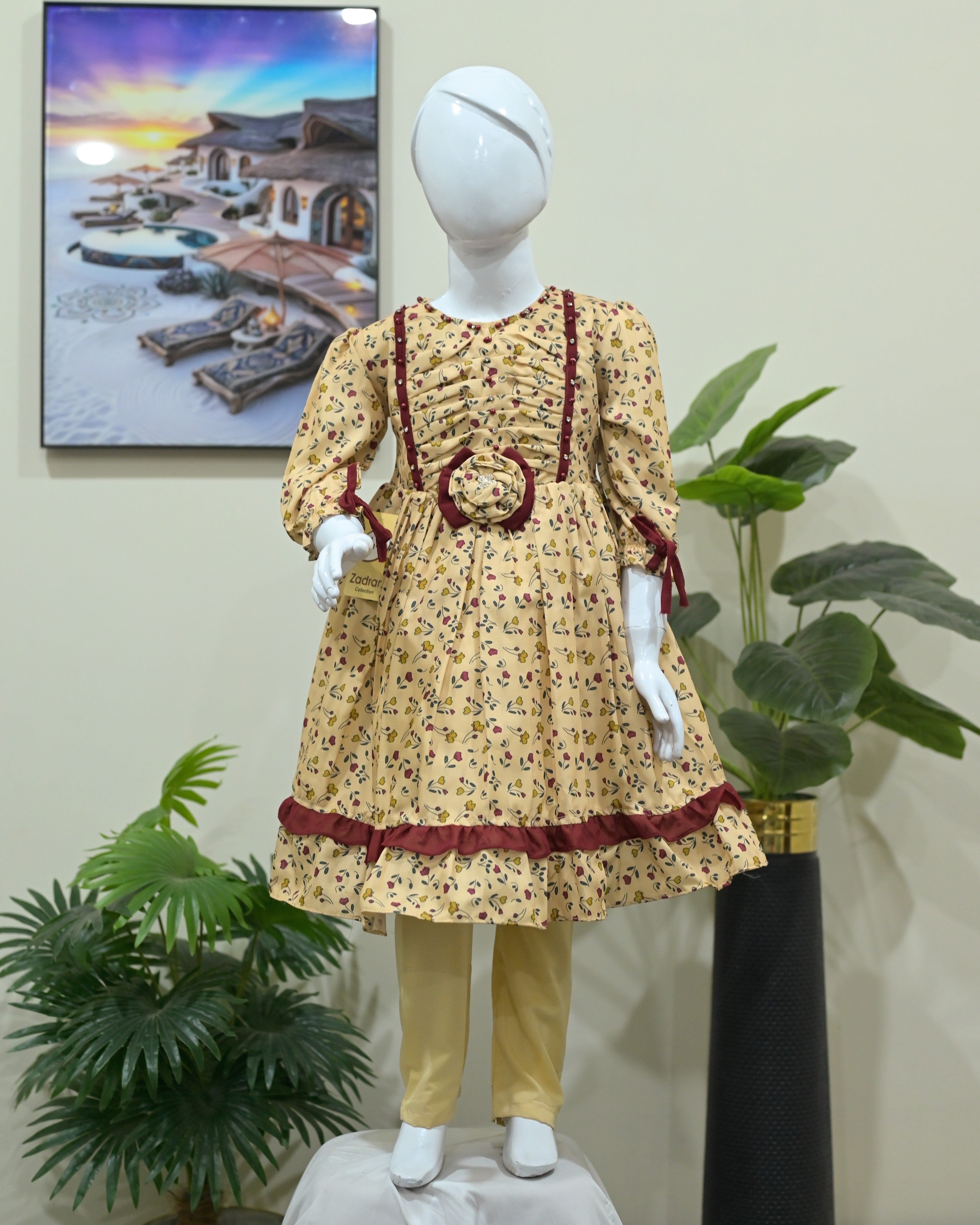 Beige Floral Printed Frock with 3D Flower Accent
