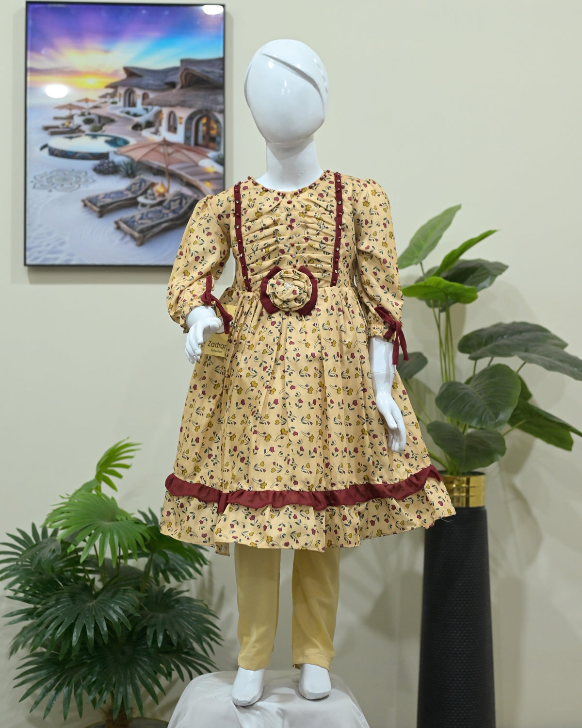 Beige Floral Printed Frock with 3D Flower Accent