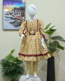 Beige Floral Printed Frock with 3D Flower Accent