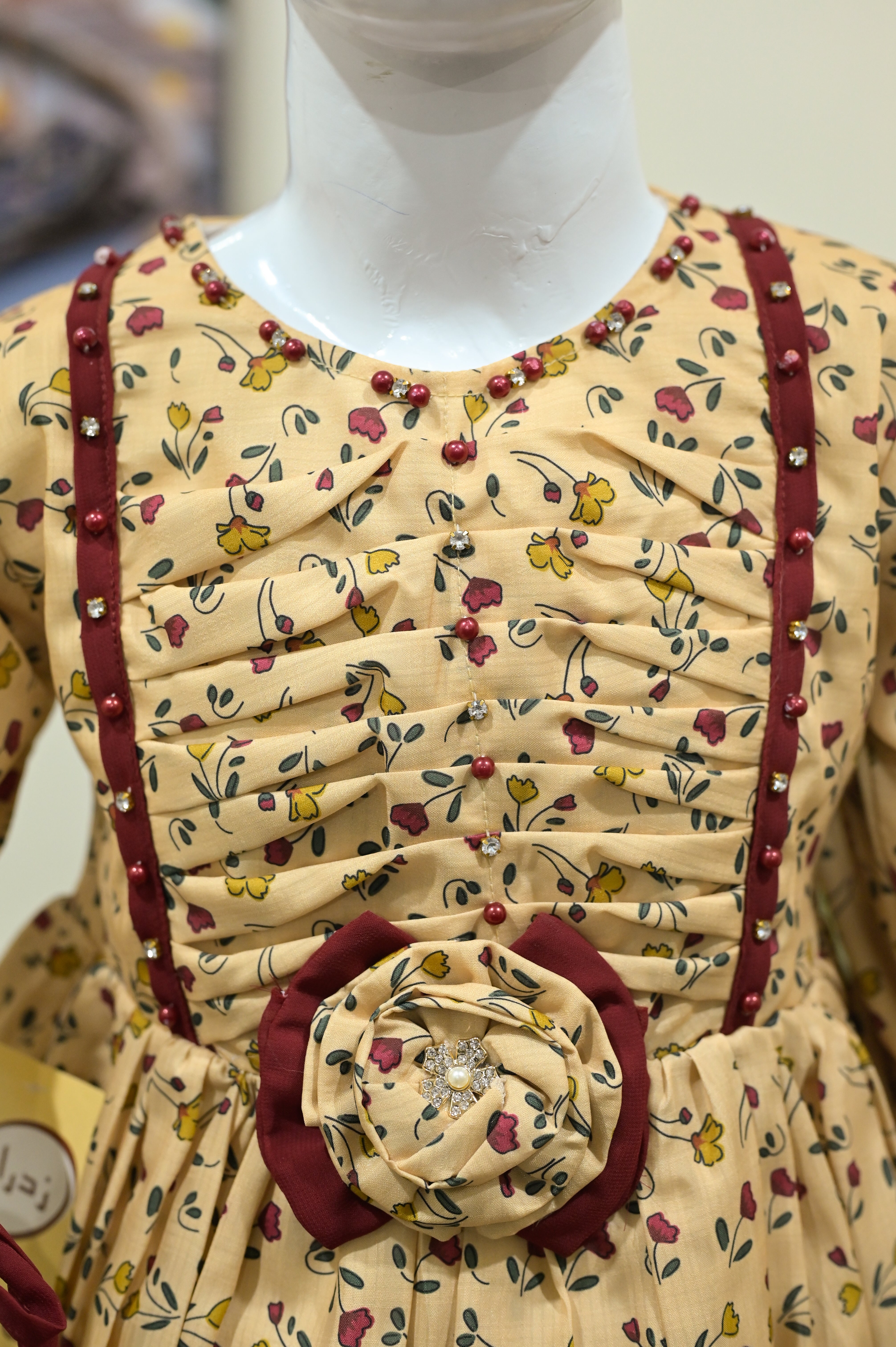 Beige Floral Printed Frock with 3D Flower Accent
