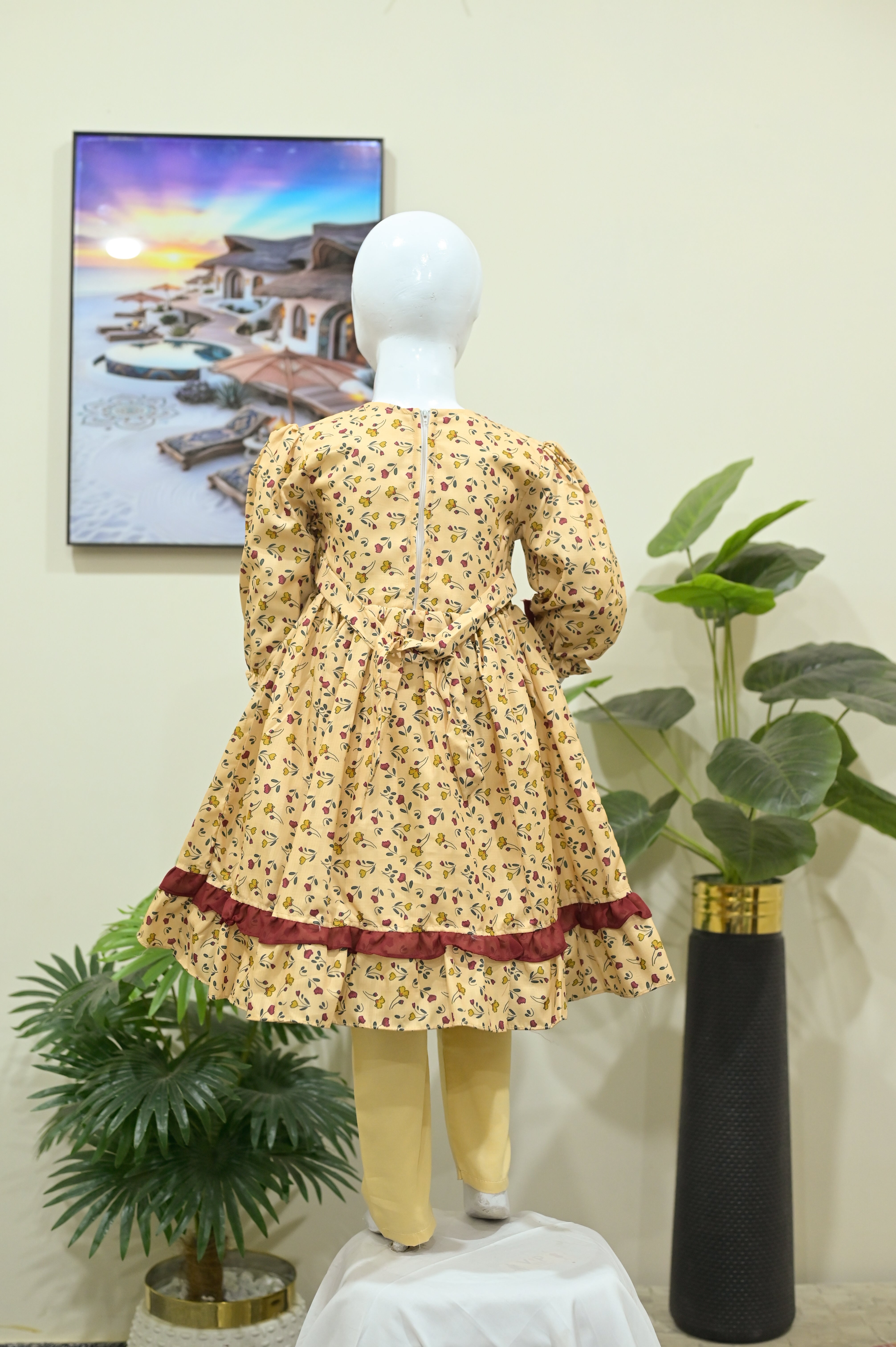 Beige Floral Printed Frock with 3D Flower Accent