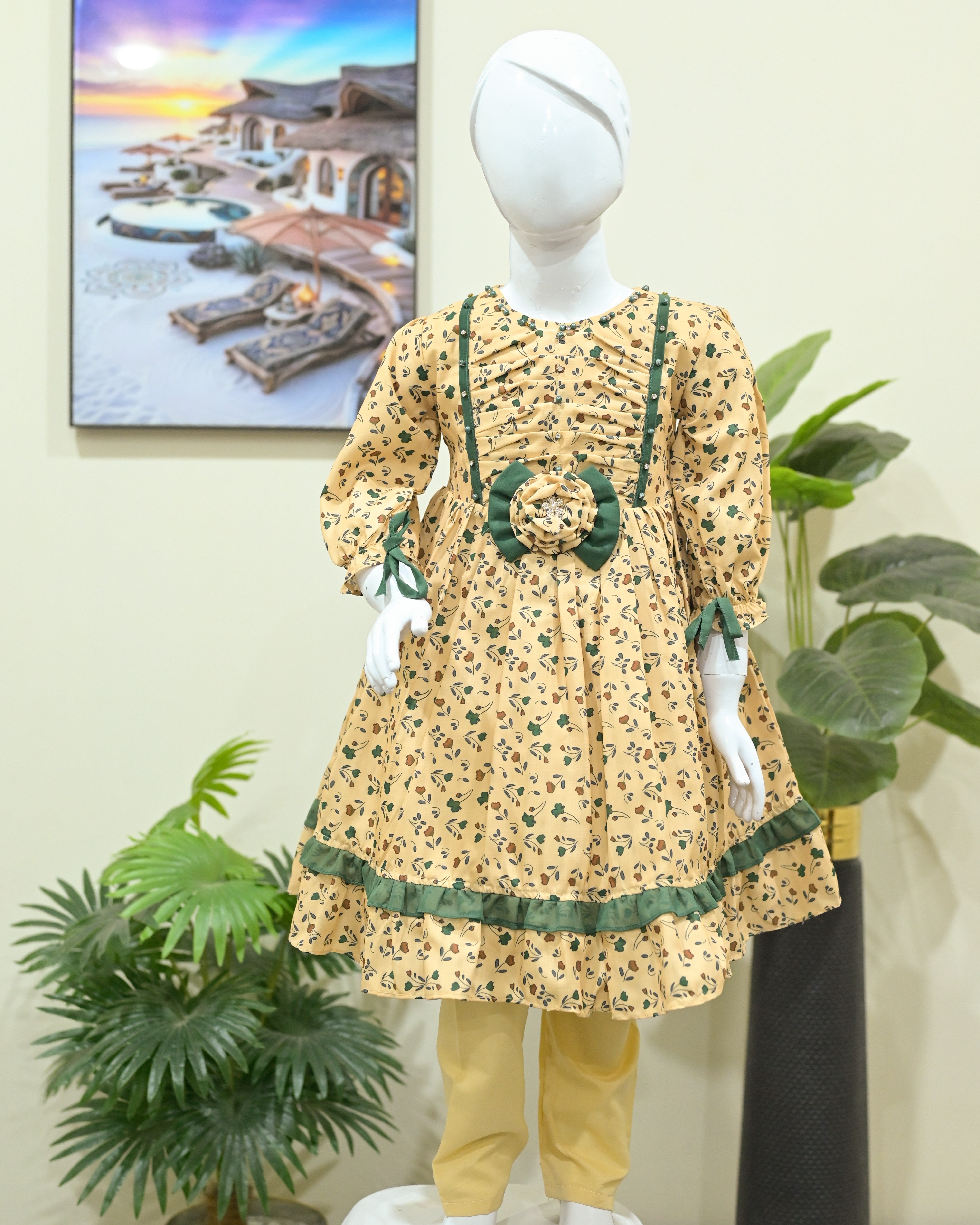 Beige Floral Printed Frock with 3D Flower Accent