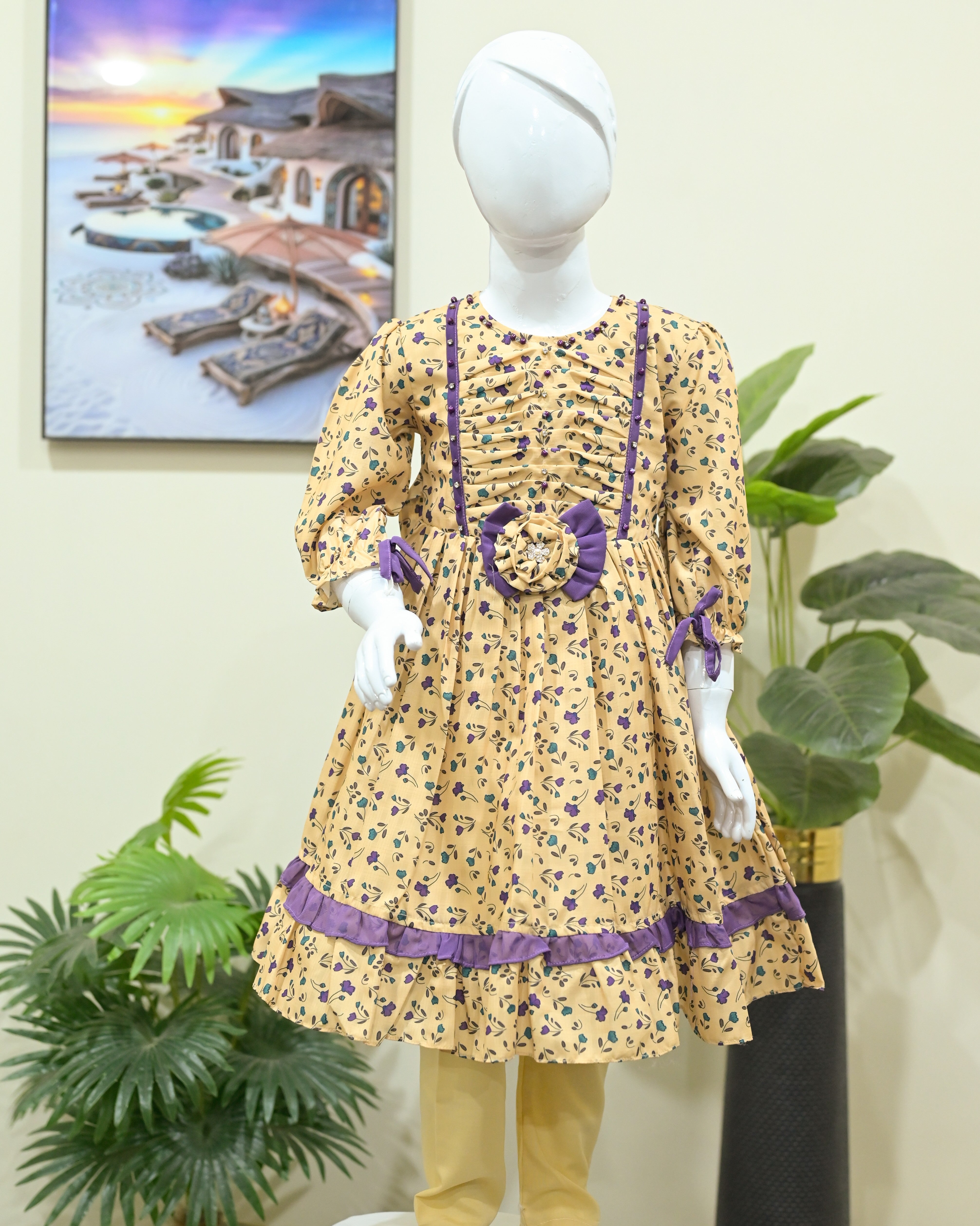 Beige Floral Printed Frock with 3D Flower Accent