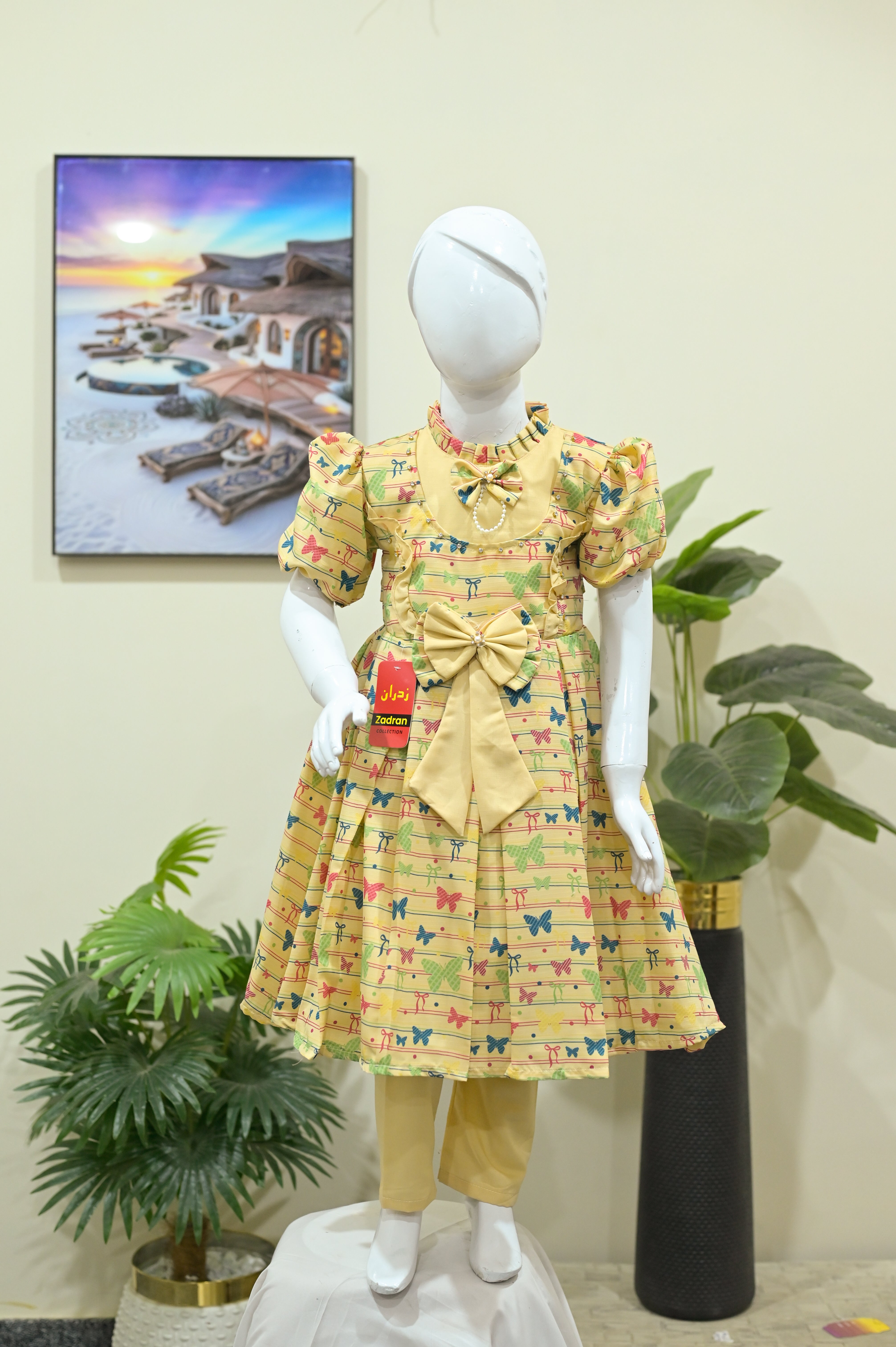 Butterfly Printed Green Frock with Matching Tights