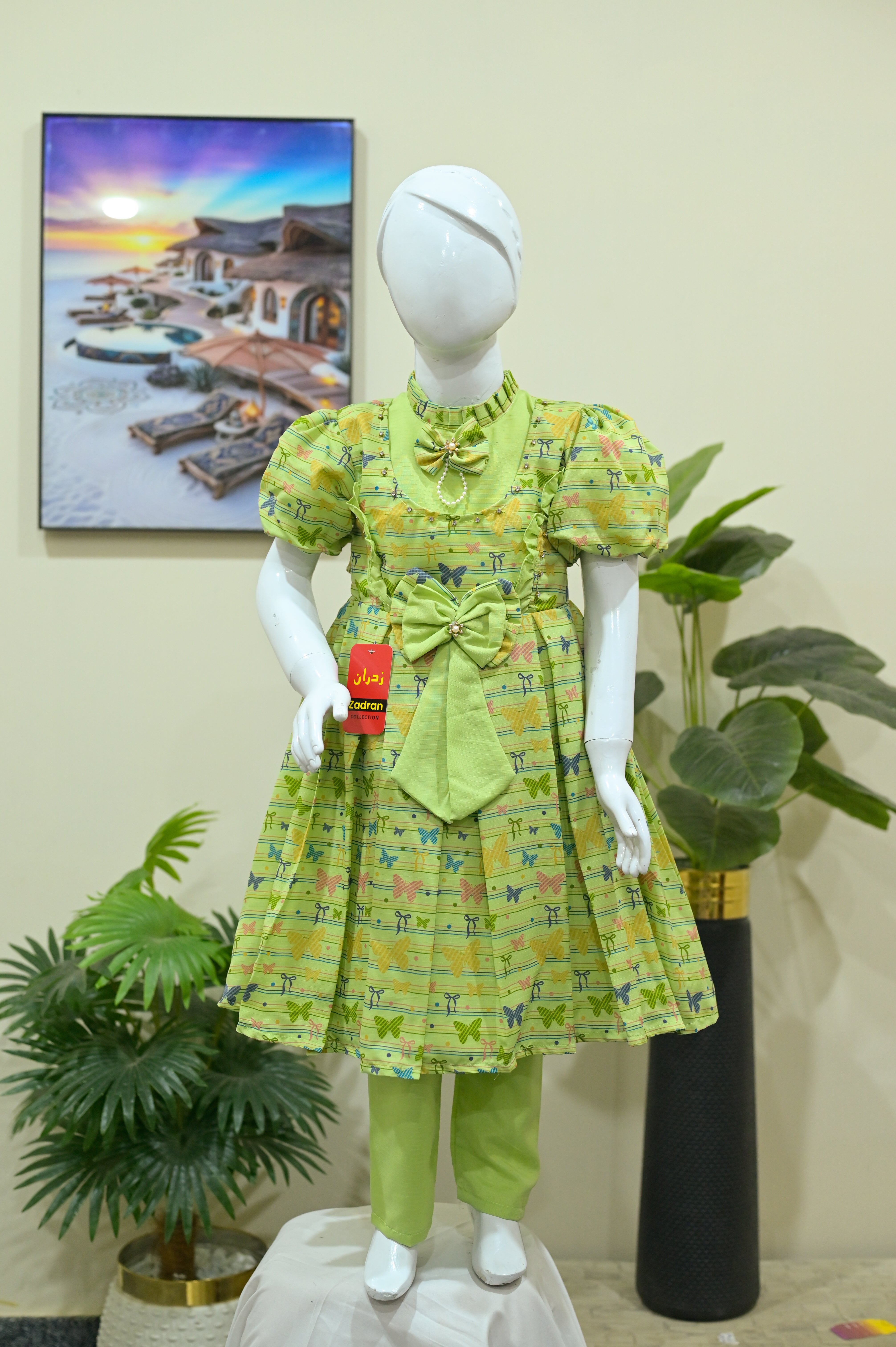 Butterfly Printed Green Frock with Matching Tights