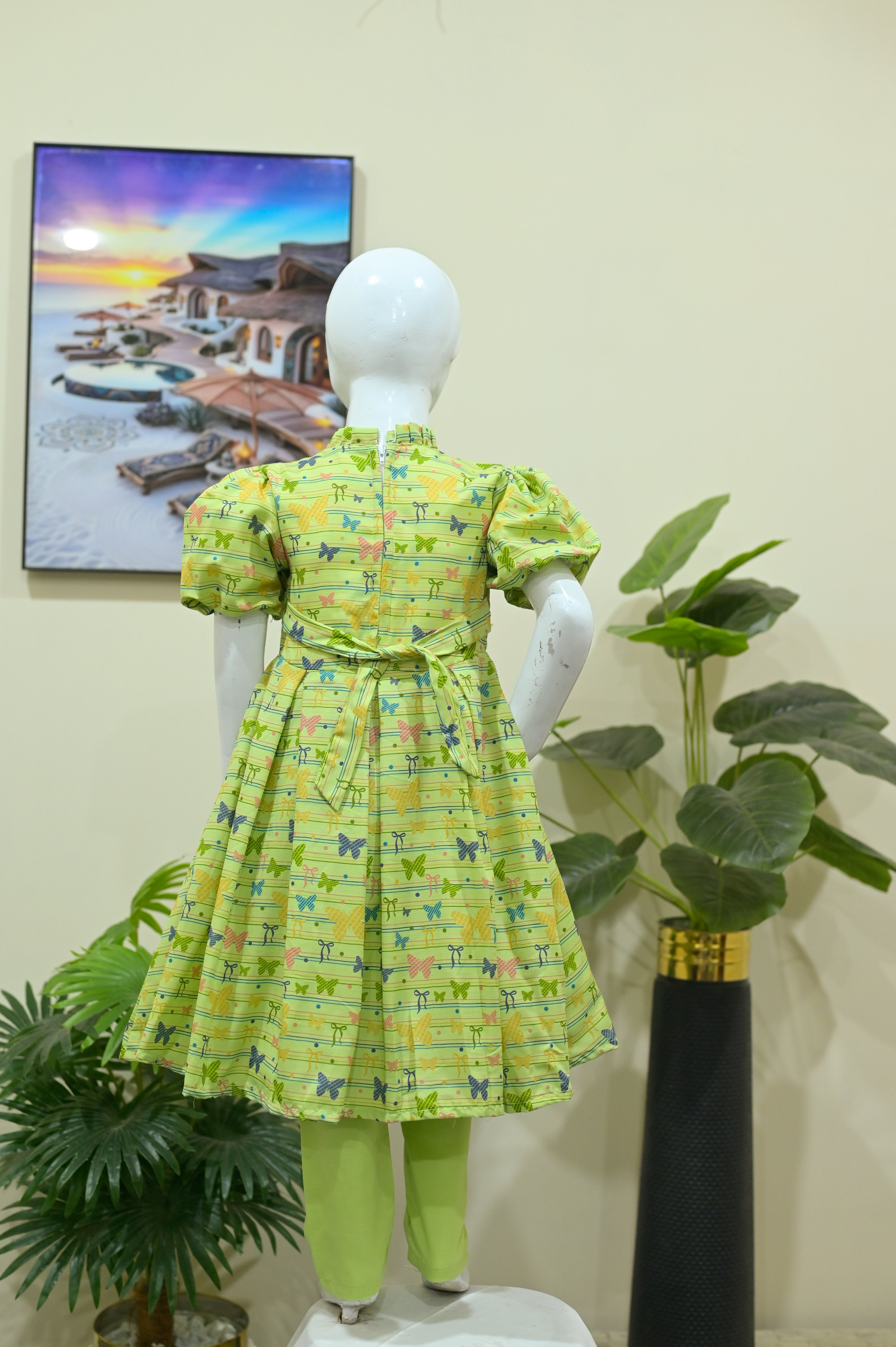 Butterfly Printed Green Frock with Matching Tights