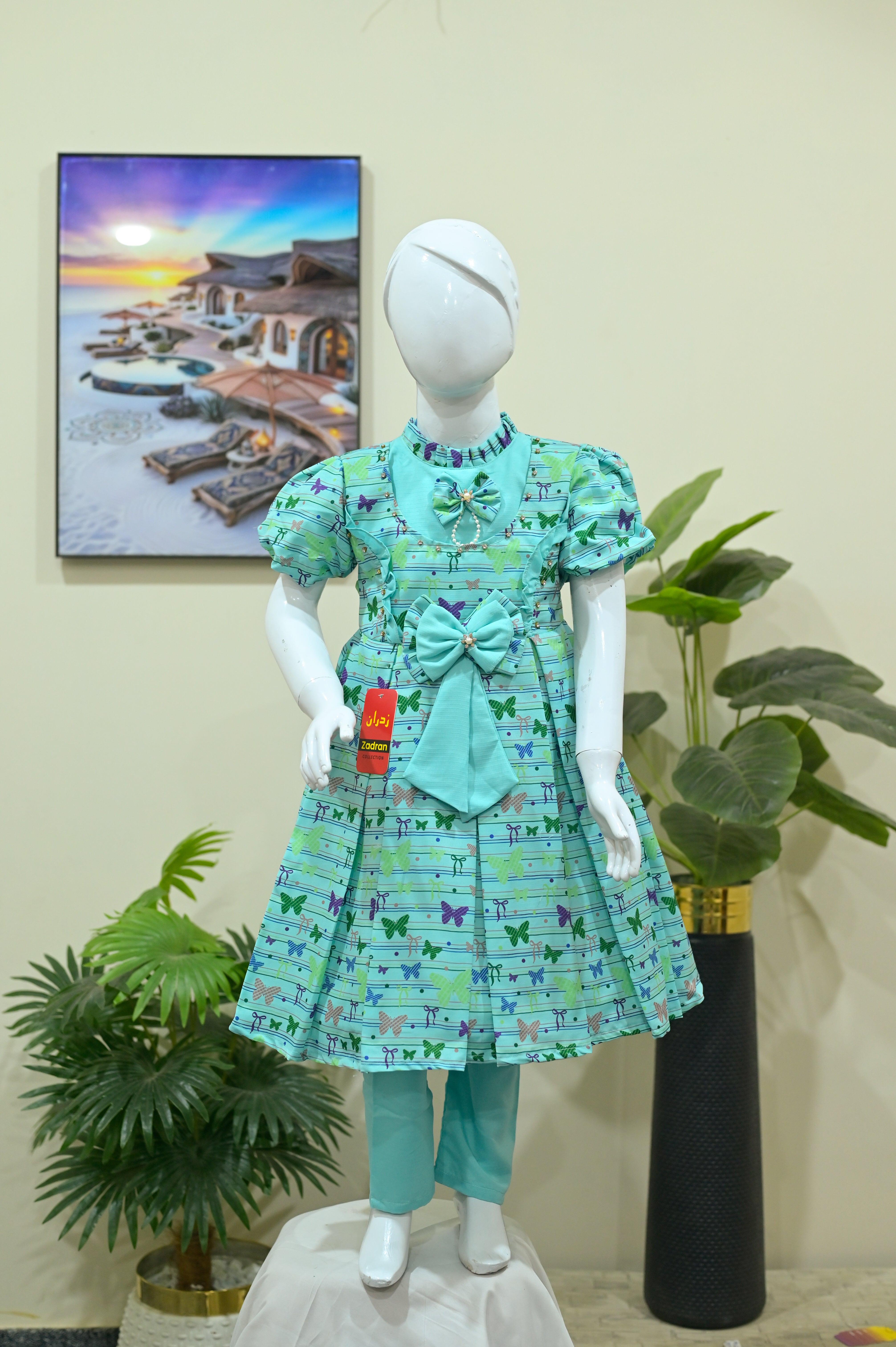 Butterfly Printed Green Frock with Matching Tights