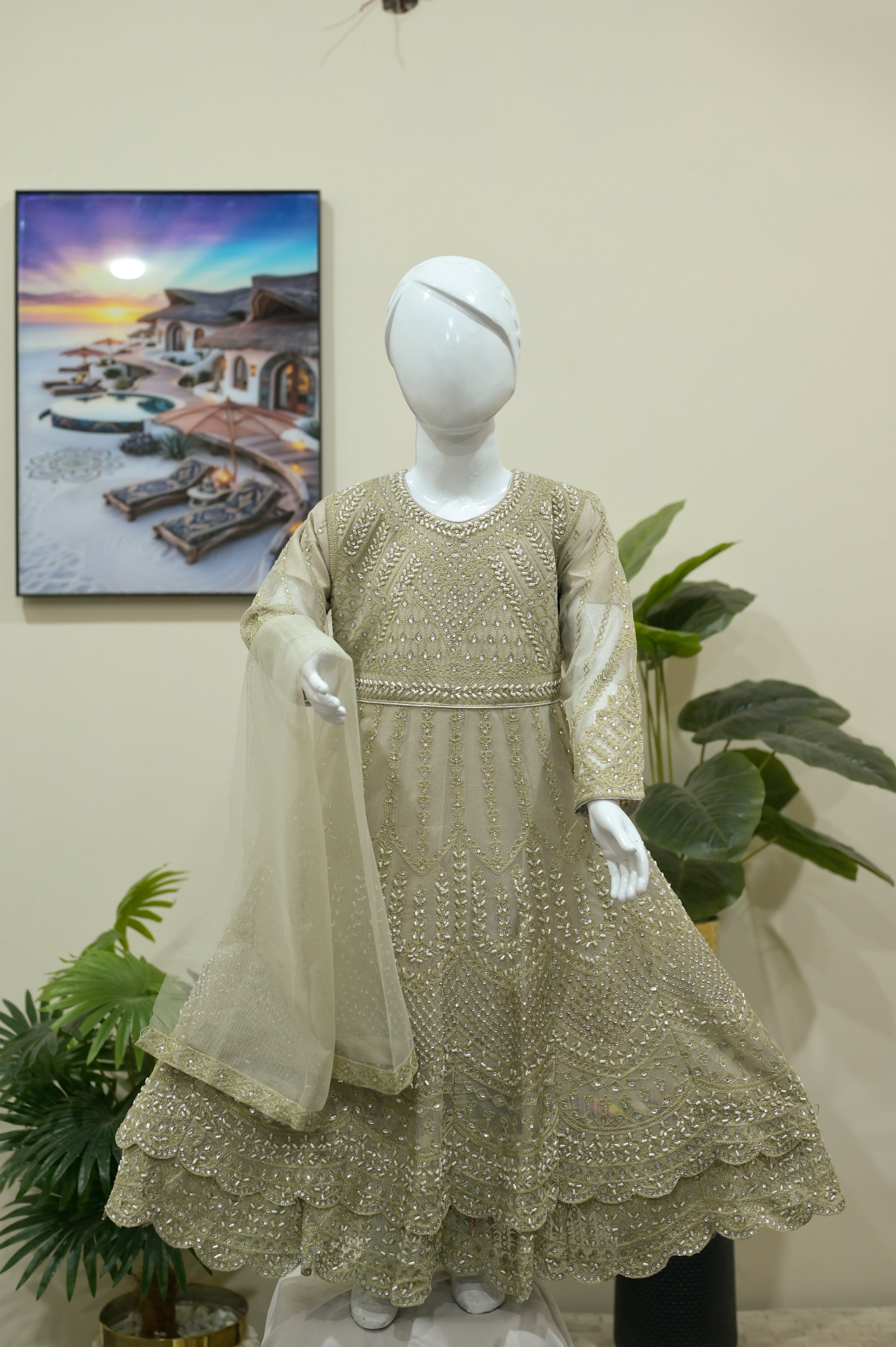Designer Girls Olive Gold Embroidered Maxi Frock with Dupatta